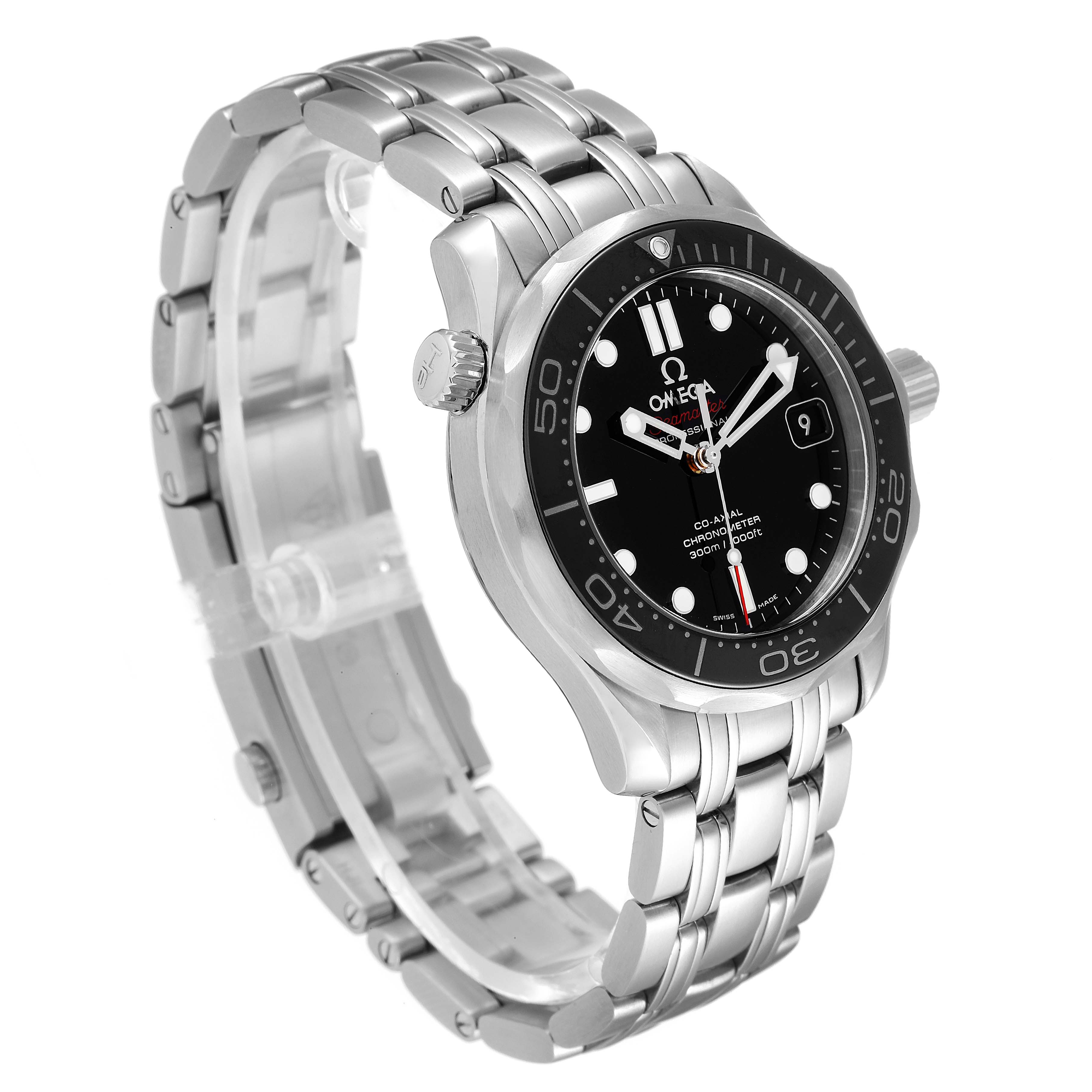 This is an Omega Seamaster 212.30.36.20.01.002 Men's Stainless Steel Black Dial 212.30.36.20.01.002 Men's Stainless Steel Black Dial watch shown at a 3/4 angle displaying the face, bezel, crown, and bracelet.