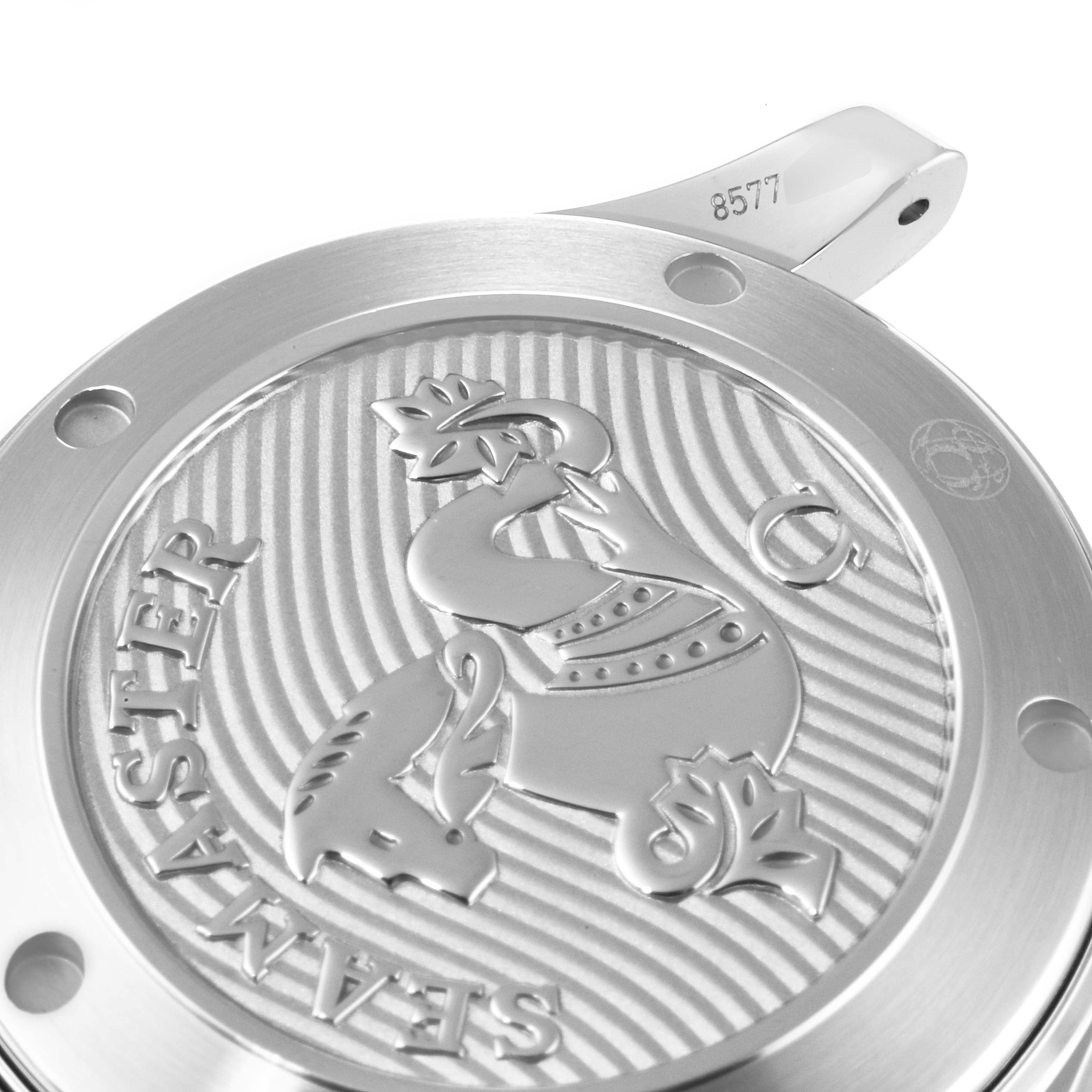 The image shows the case back of an Omega Seamaster 212.30.36.20.01.002 Men's Stainless Steel Black Dial 212.30.36.20.01.002 Men's Stainless Steel Black Dial watch, featuring the engraved emblem and "Seamaster" text.