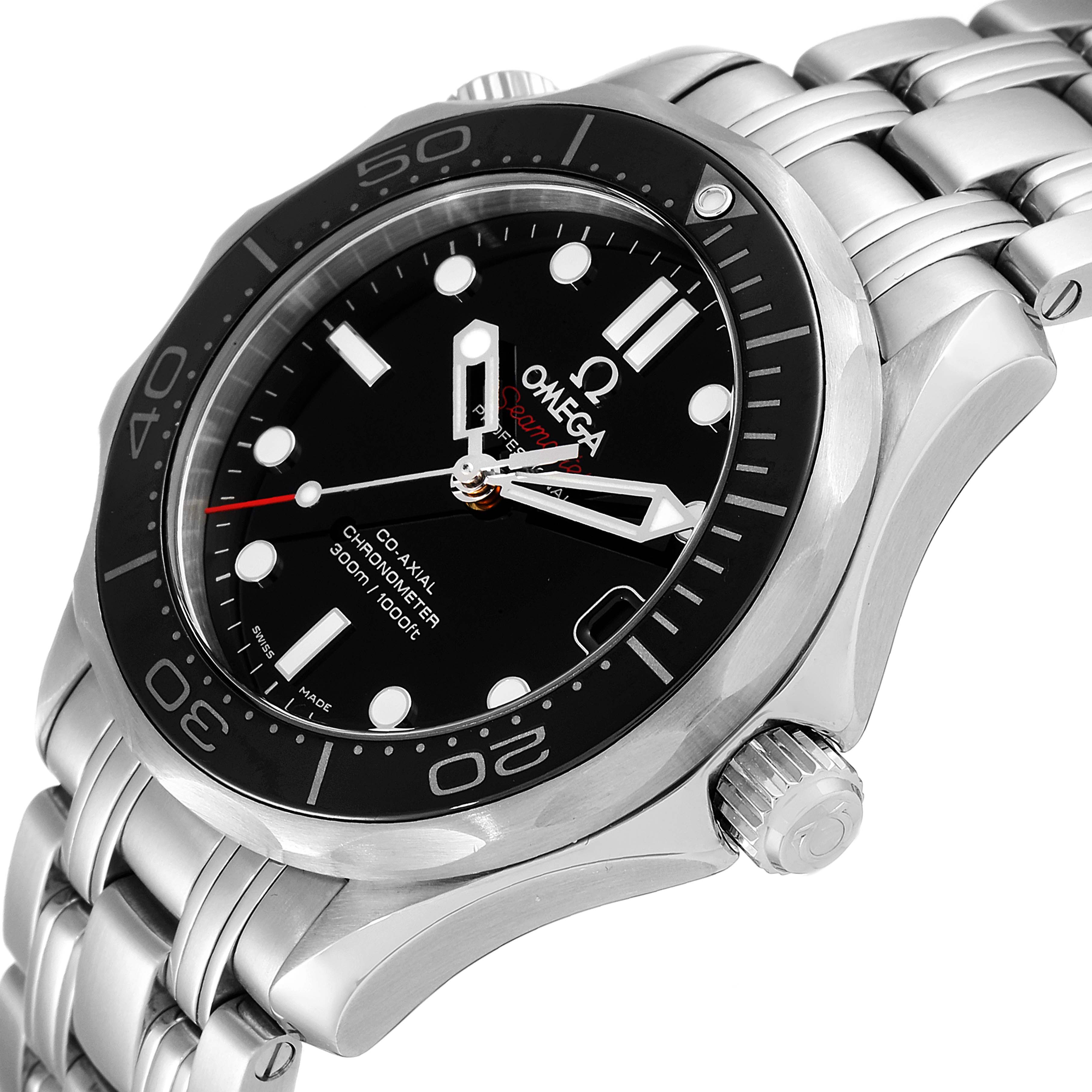 The Omega Seamaster 212.30.36.20.01.002 Men's Stainless Steel Black Dial 212.30.36.20.01.002 Men's Stainless Steel Black Dial watch is shown at an angled close-up view, highlighting the dial, bezel, case, and part of the bracelet.