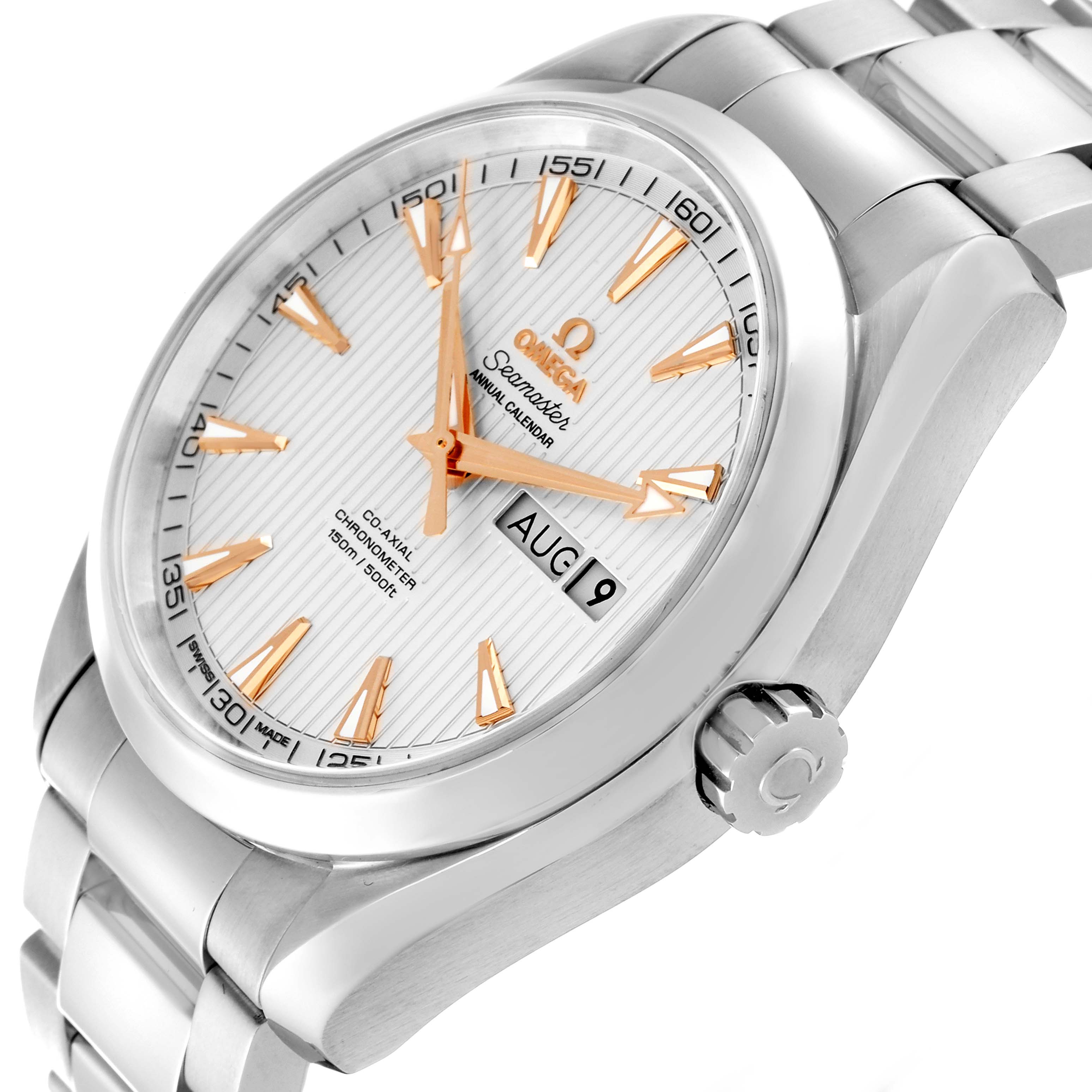 The Omega Aqua Terra 231.10.43.22.02.003 Men
s Stainless Steel Silver Dial 231.10.43.22.02.003 Men
s Stainless Steel Silver Dial watch is shown at a slight angle highlighting the face, bezel, crown, and part of the bracelet.