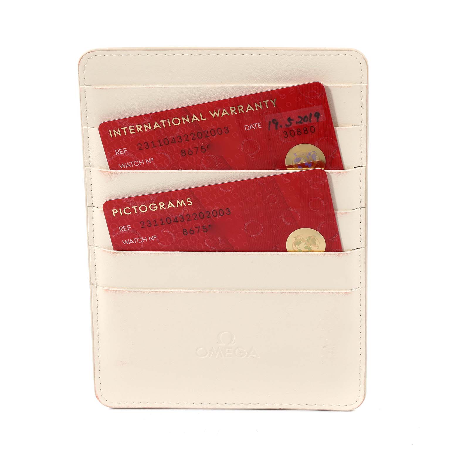 This image shows the international warranty and pictograms cards for the Omega Aqua Terra 231.10.43.22.02.003 Men
s Stainless Steel Silver Dial 231.10.43.22.02.003 Men
s Stainless Steel Silver Dial model in a white card holder.