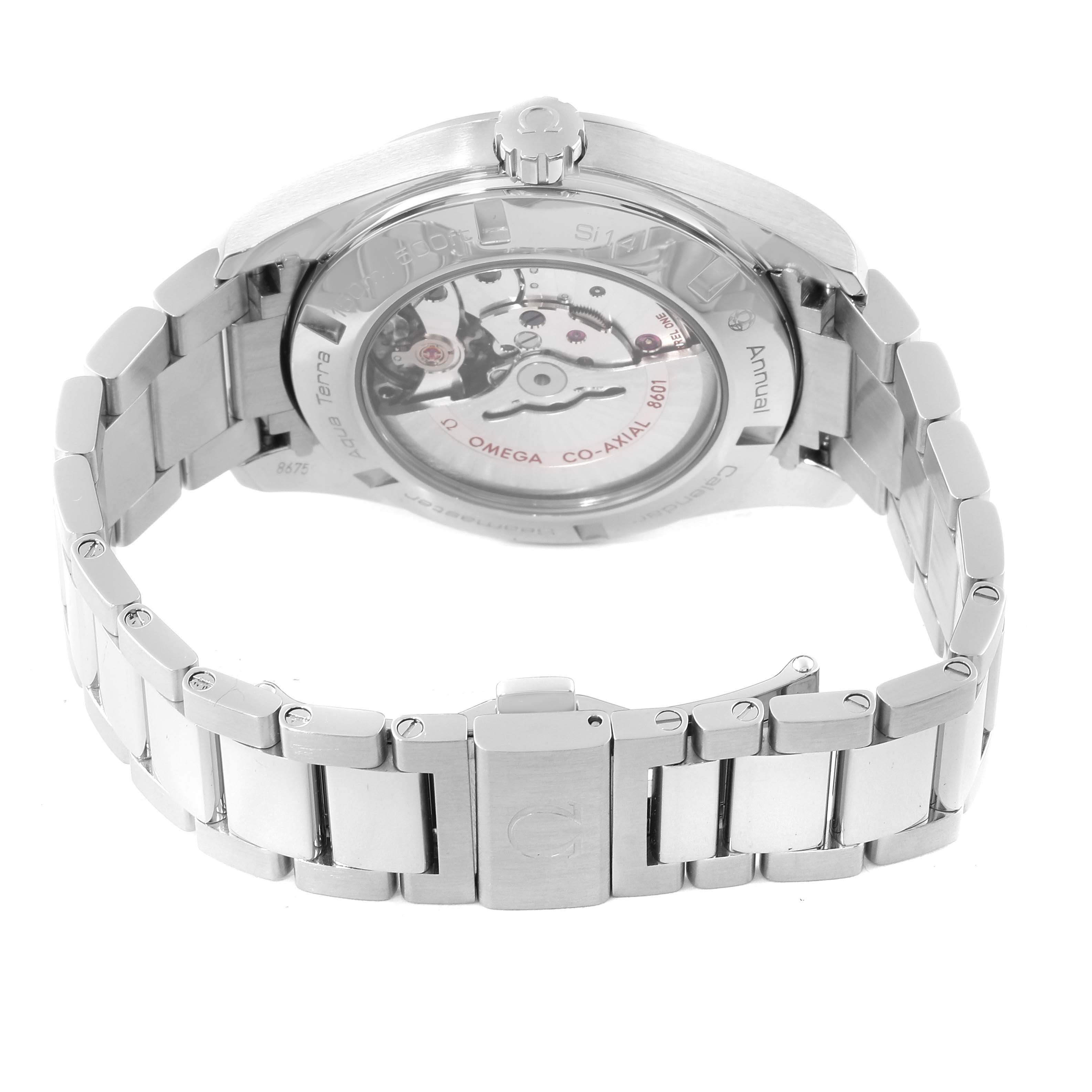 The image shows the back view of the Omega Aqua Terra 231.10.43.22.02.003 Men
s Stainless Steel Silver Dial 231.10.43.22.02.003 Men
s Stainless Steel Silver Dial watch, highlighting the mechanical movement and stainless steel bracelet.