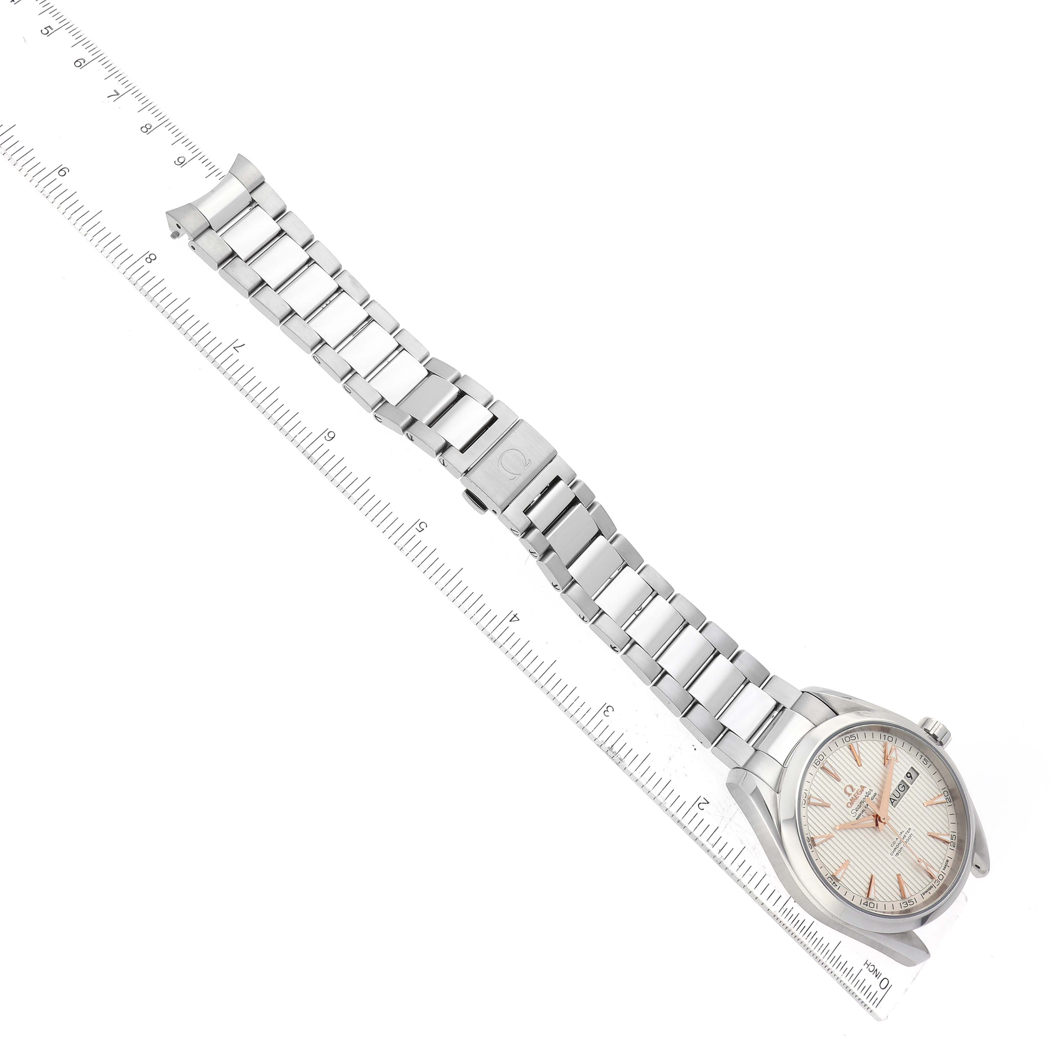 The image shows an Omega Aqua Terra 231.10.43.22.02.003 Men
s Stainless Steel Silver Dial 231.10.43.22.02.003 Men
s Stainless Steel Silver Dial watch from a top-down angle, including the face, bezel, crown, and stainless steel bracelet.