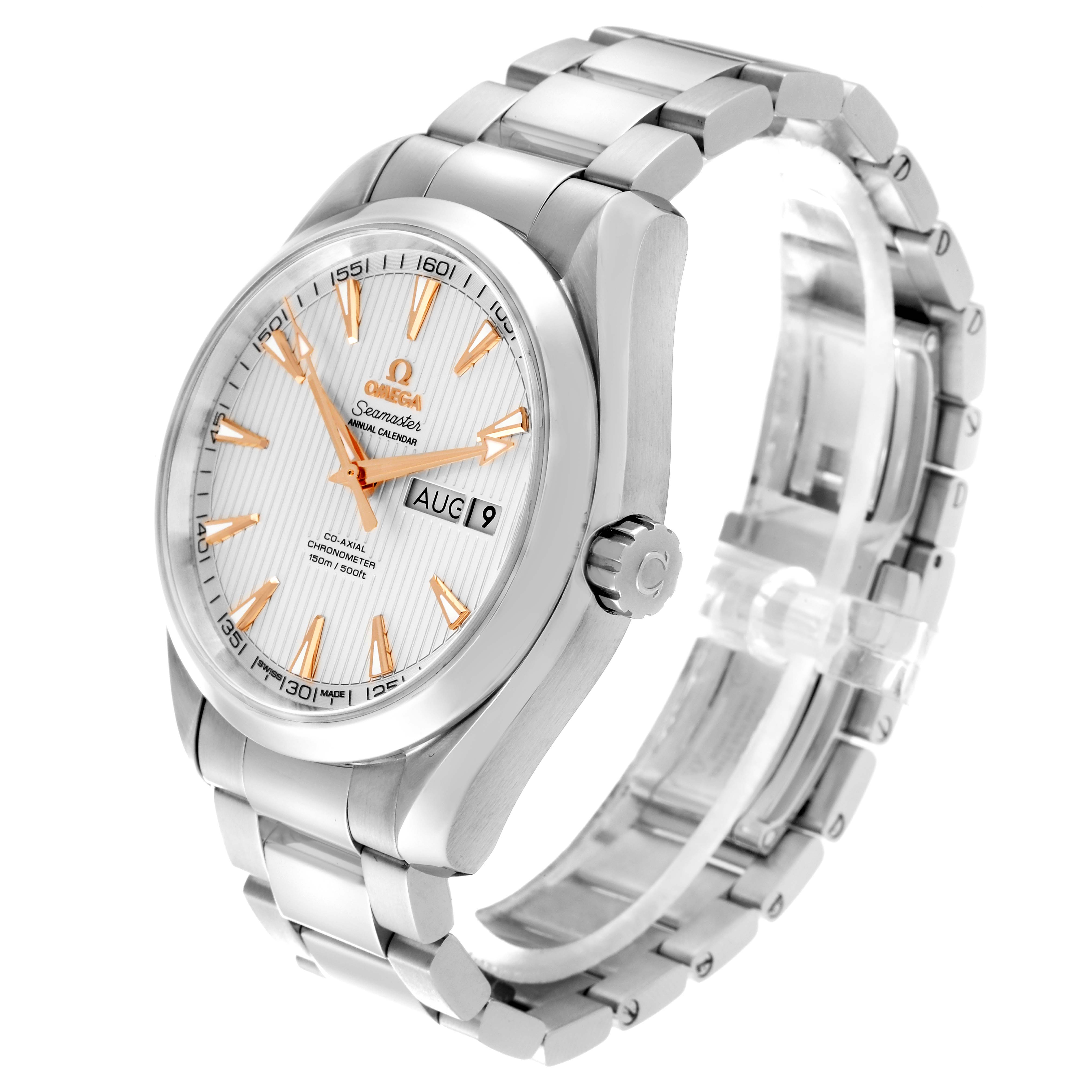 The Omega Aqua Terra 231.10.43.22.02.003 Men
s Stainless Steel Silver Dial 231.10.43.22.02.003 Men
s Stainless Steel Silver Dial watch is displayed at a three-quarter angle, showing the face, bezel, crown, and bracelet.