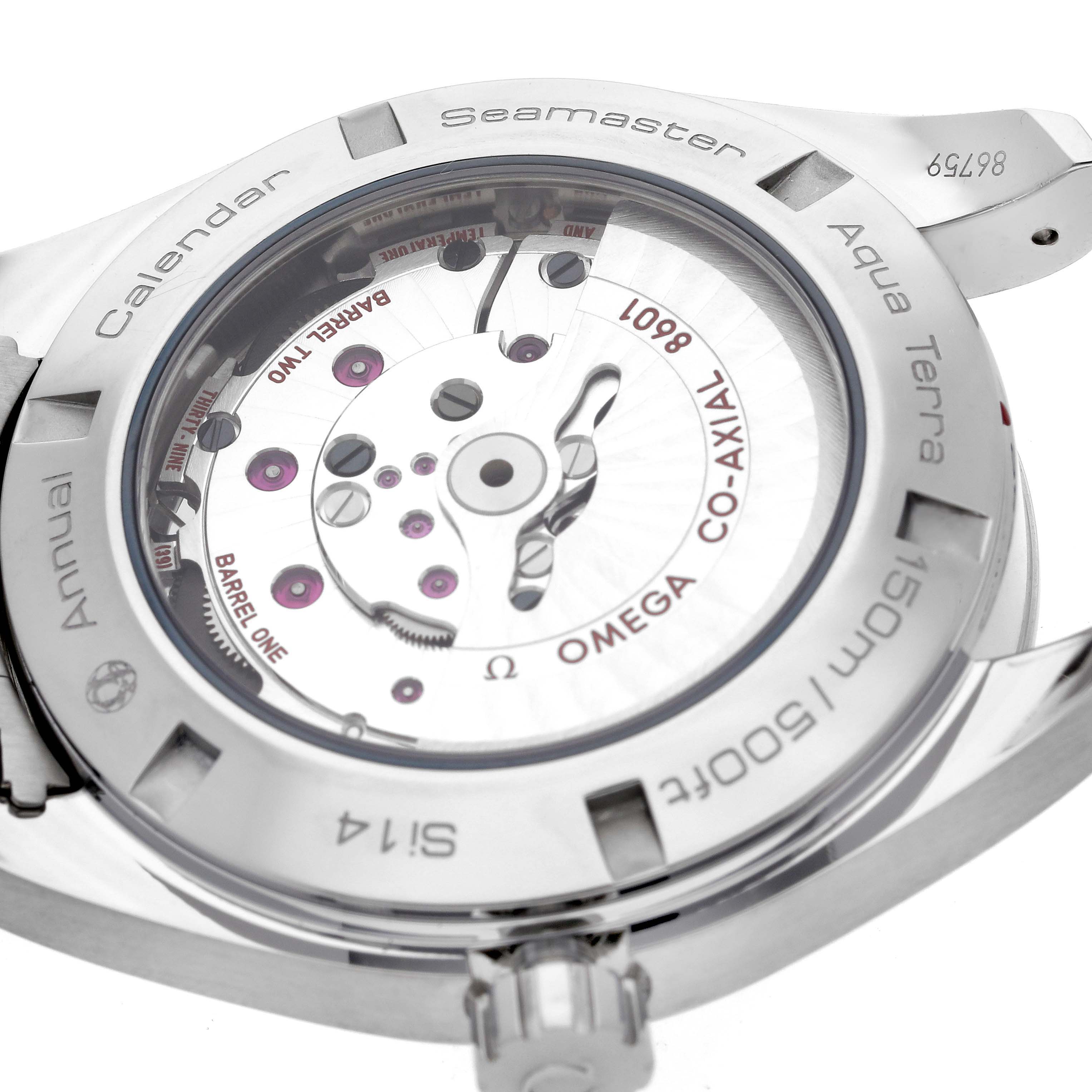 The image shows the back case of the Omega Aqua Terra 231.10.43.22.02.003 Men
s Stainless Steel Silver Dial 231.10.43.22.02.003 Men
s Stainless Steel Silver Dial watch, revealing its movement and internal components.