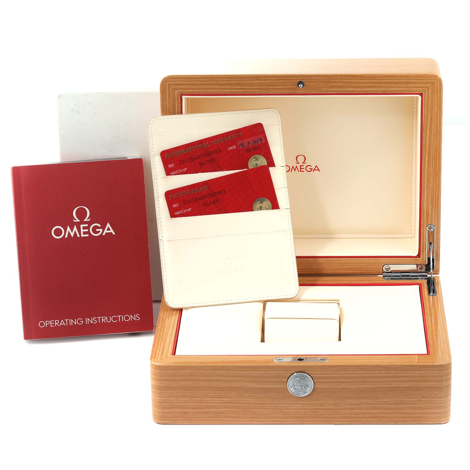 The image shows the packaging box, instruction booklet, and warranty cards for the Omega Aqua Terra 231.10.43.22.02.003 Men
s Stainless Steel Silver Dial 231.10.43.22.02.003 Men
s Stainless Steel Silver Dial watch.