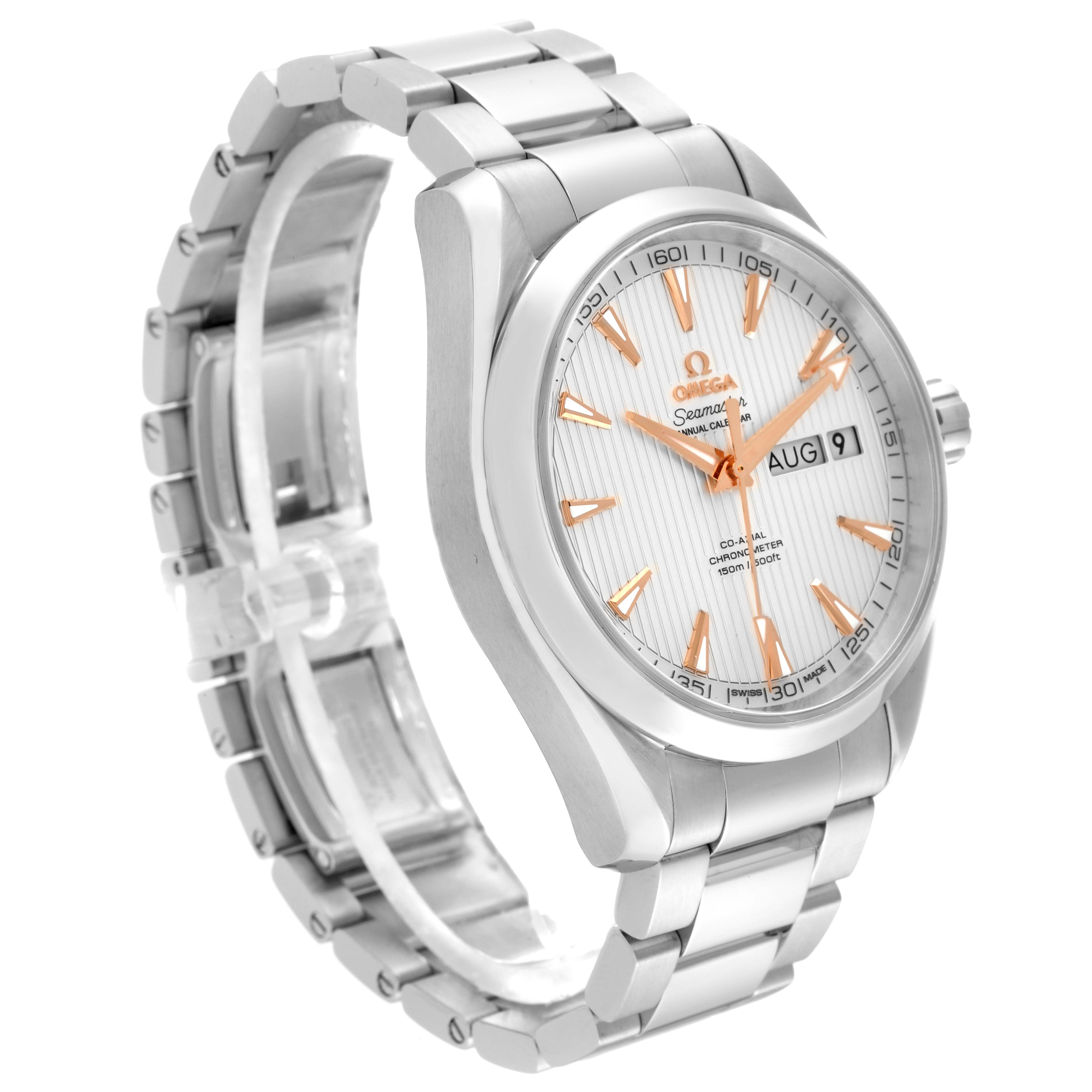 The Omega Aqua Terra 231.10.43.22.02.003 Men
s Stainless Steel Silver Dial 231.10.43.22.02.003 Men
s Stainless Steel Silver Dial watch is shown at a three-quarter angle, displaying its face with date feature, bezel, case, and metal bracelet.