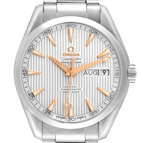 The image shows a front view of the Omega Aqua Terra's dial, displaying time, date, day of the week, and portions of the metal bracelet.