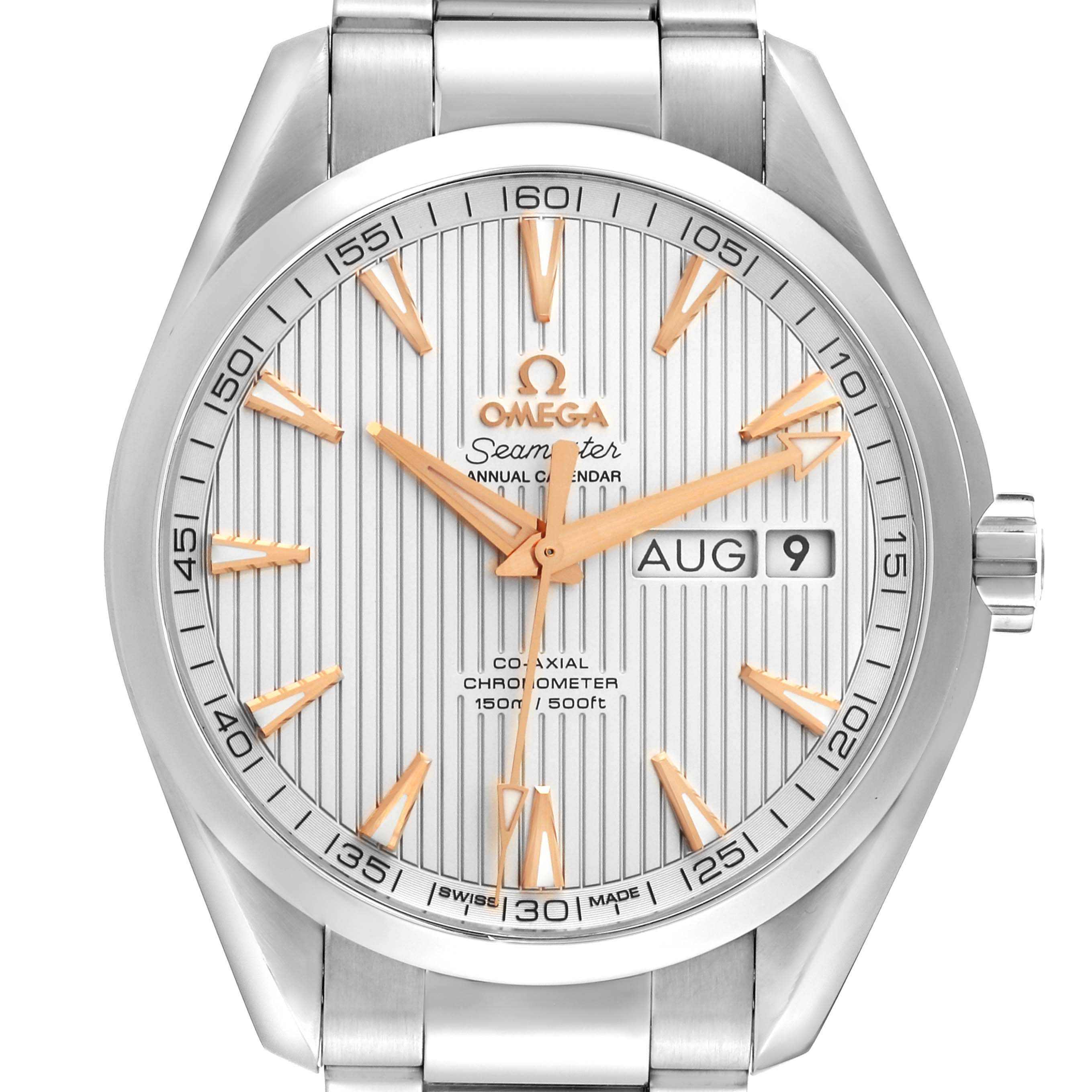 The image shows a front view of the Omega Aqua Terra 231.10.43.22.02.003 Men
s Stainless Steel Silver Dial 231.10.43.22.02.003 Men
s Stainless Steel Silver Dial watch, highlighting its dial, hands, date display, and part of the bracelet.