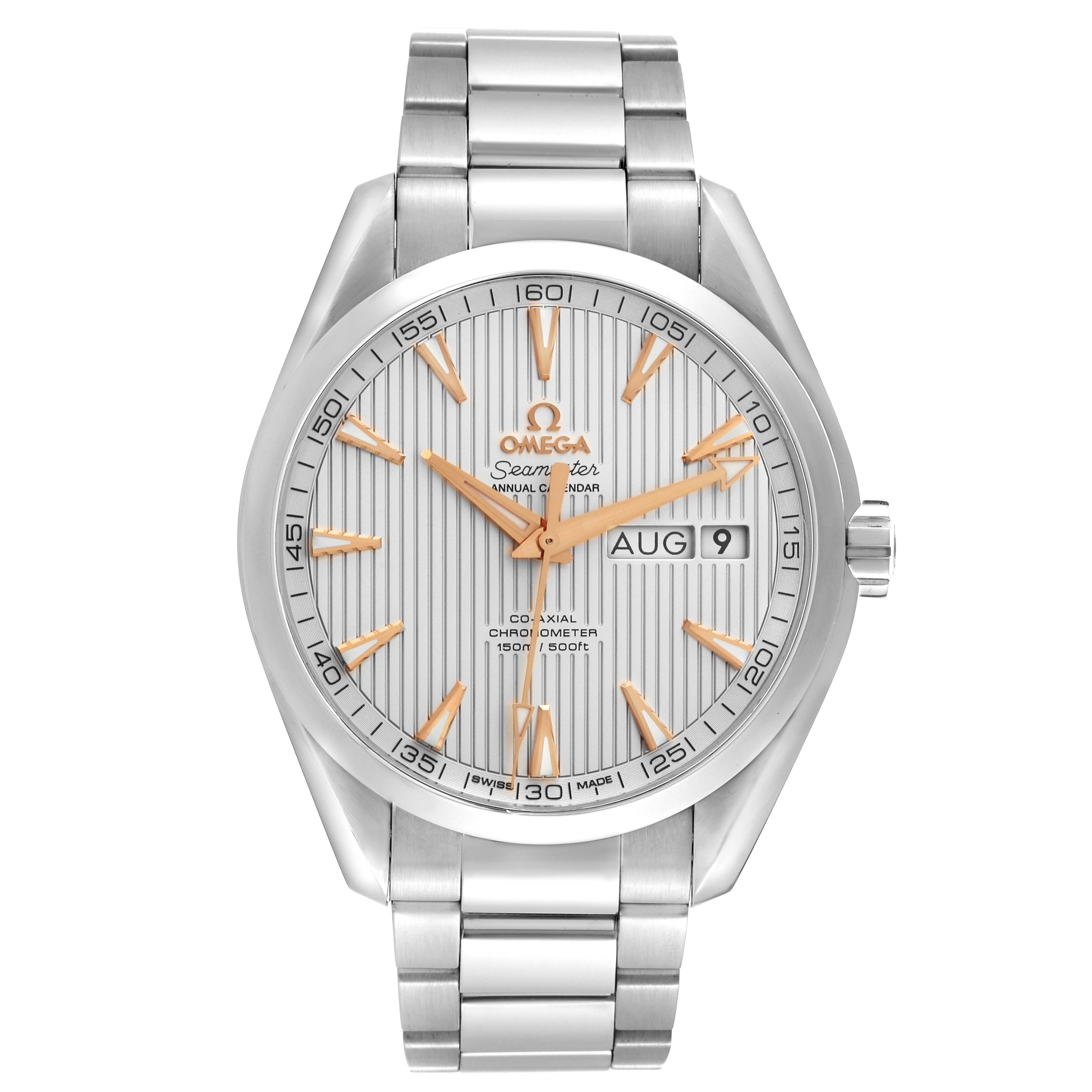 The image shows a front view of the Omega Aqua Terra 231.10.43.22.02.003 Men
s Stainless Steel Silver Dial 231.10.43.22.02.003 Men
s Stainless Steel Silver Dial watch, displaying its face, dial, and bracelet.