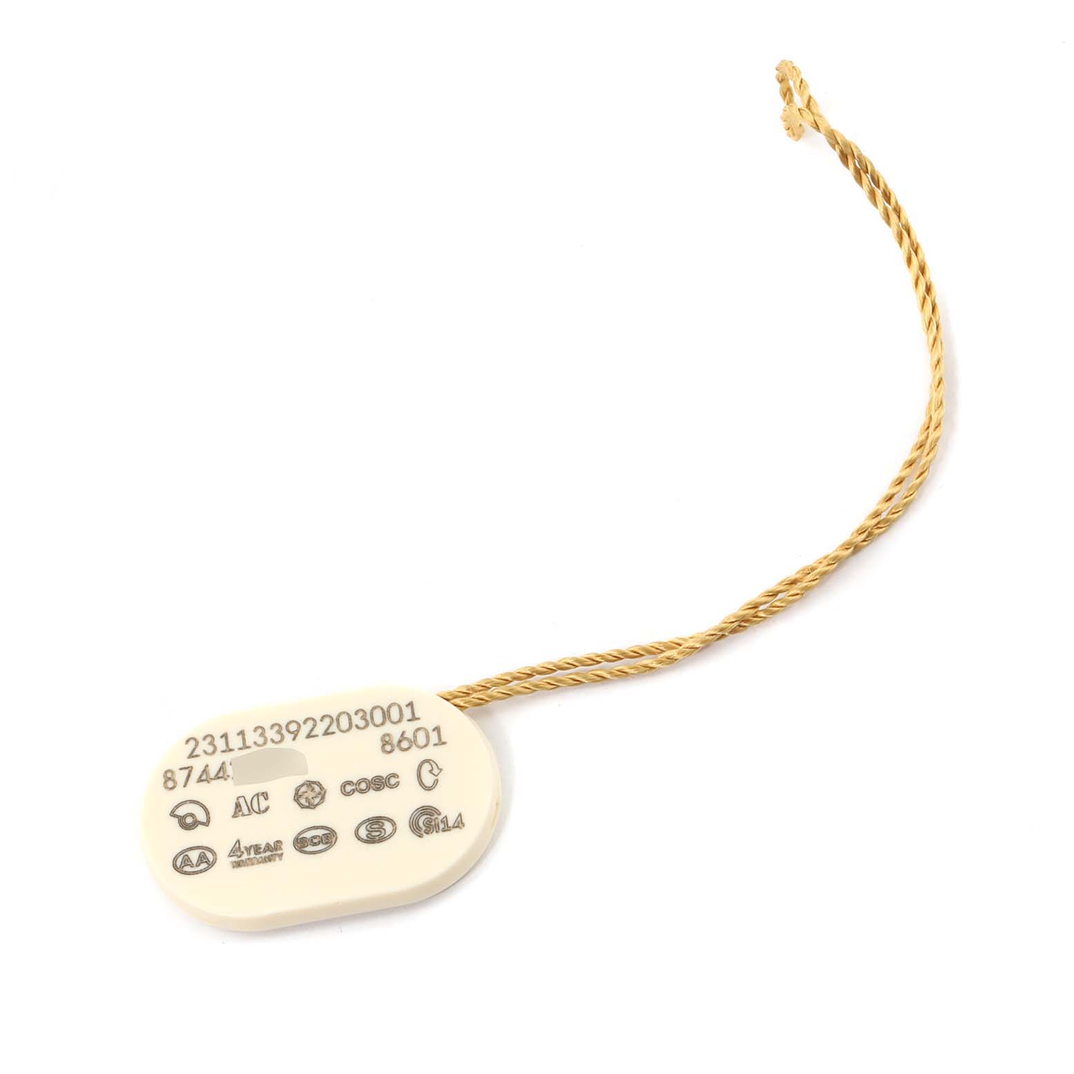 The image shows a white Omega Aqua Terra 231.13.39.22.03.001 Men's Stainless Steel Blue Dial 231.13.39.22.03.001 Men's Stainless Steel Blue Dial model tag with various certifications, attached to a gold twisted string.