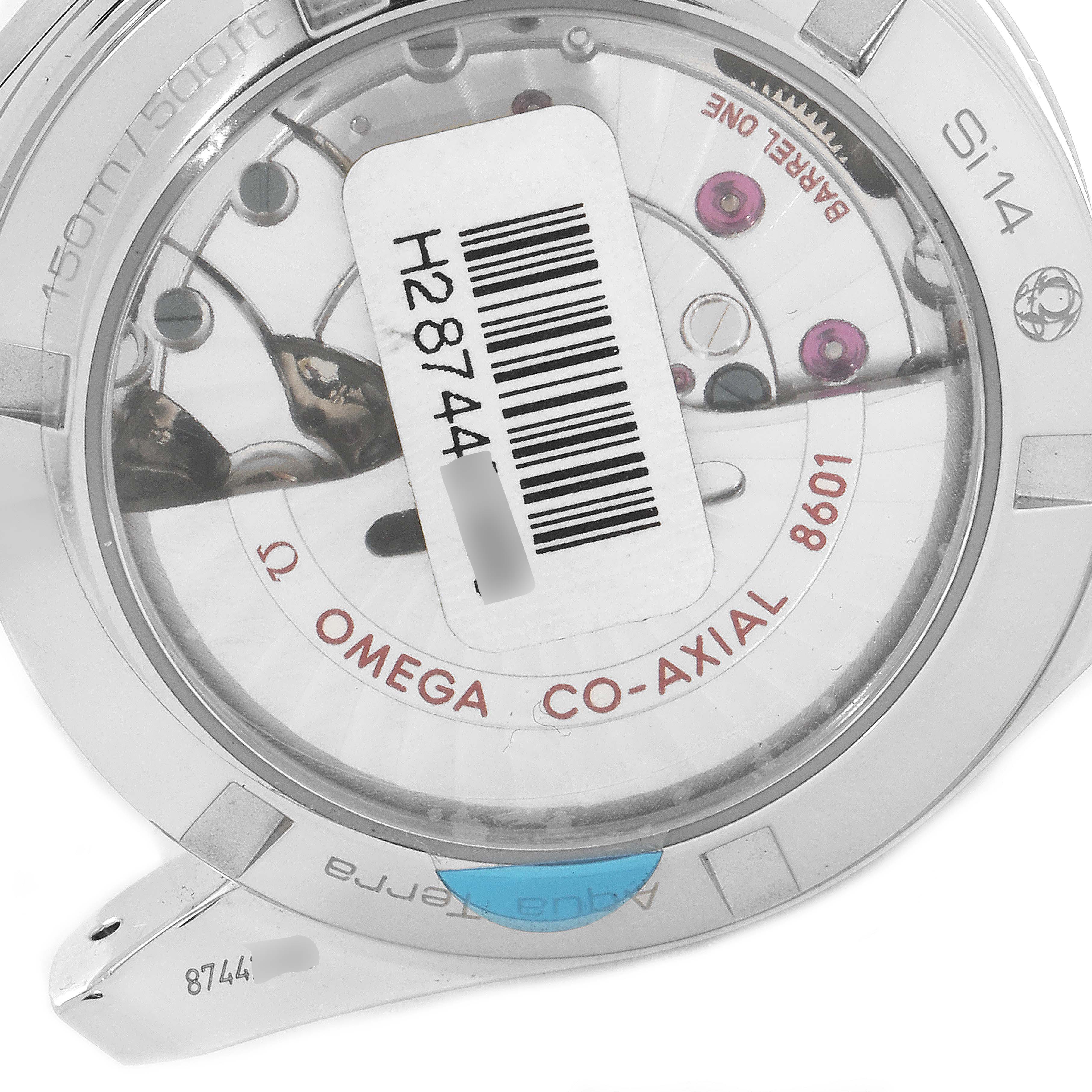 The image shows the back view of the Omega Aqua Terra 231.13.39.22.03.001 Men's Stainless Steel Blue Dial 231.13.39.22.03.001 Men's Stainless Steel Blue Dial watch, highlighting the co-axial movement and some serial numbers.