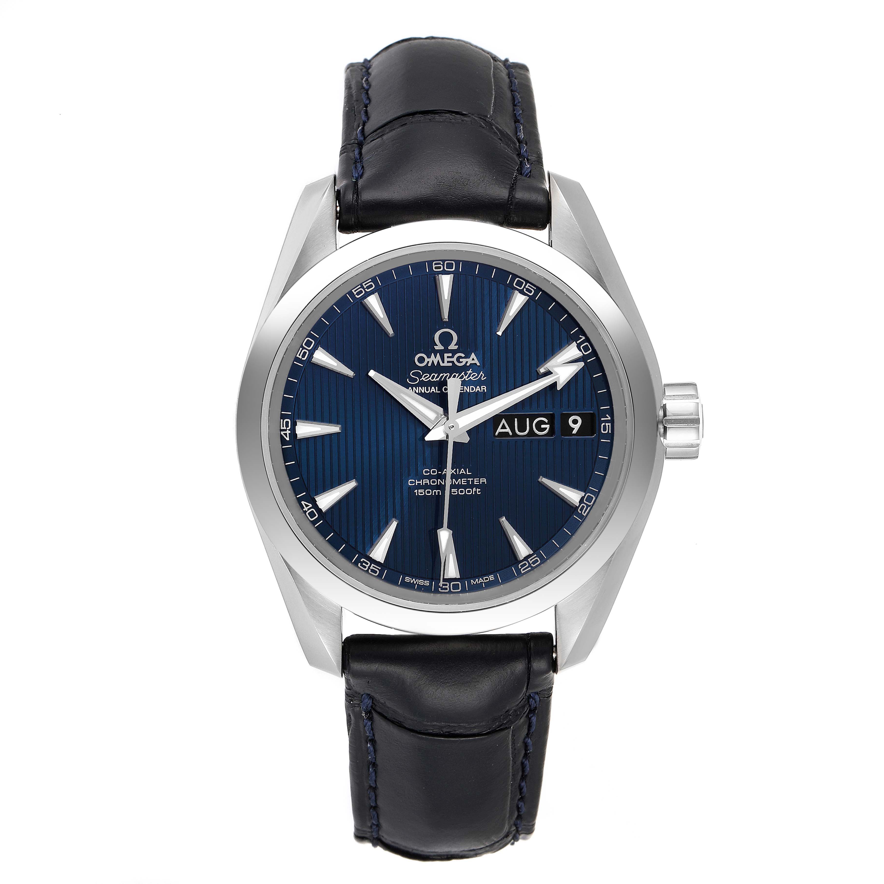 The image shows a front view of an Omega Aqua Terra 231.13.39.22.03.001 Men's Stainless Steel Blue Dial 231.13.39.22.03.001 Men's Stainless Steel Blue Dial watch, highlighting the dial, hands, date window, and leather strap.