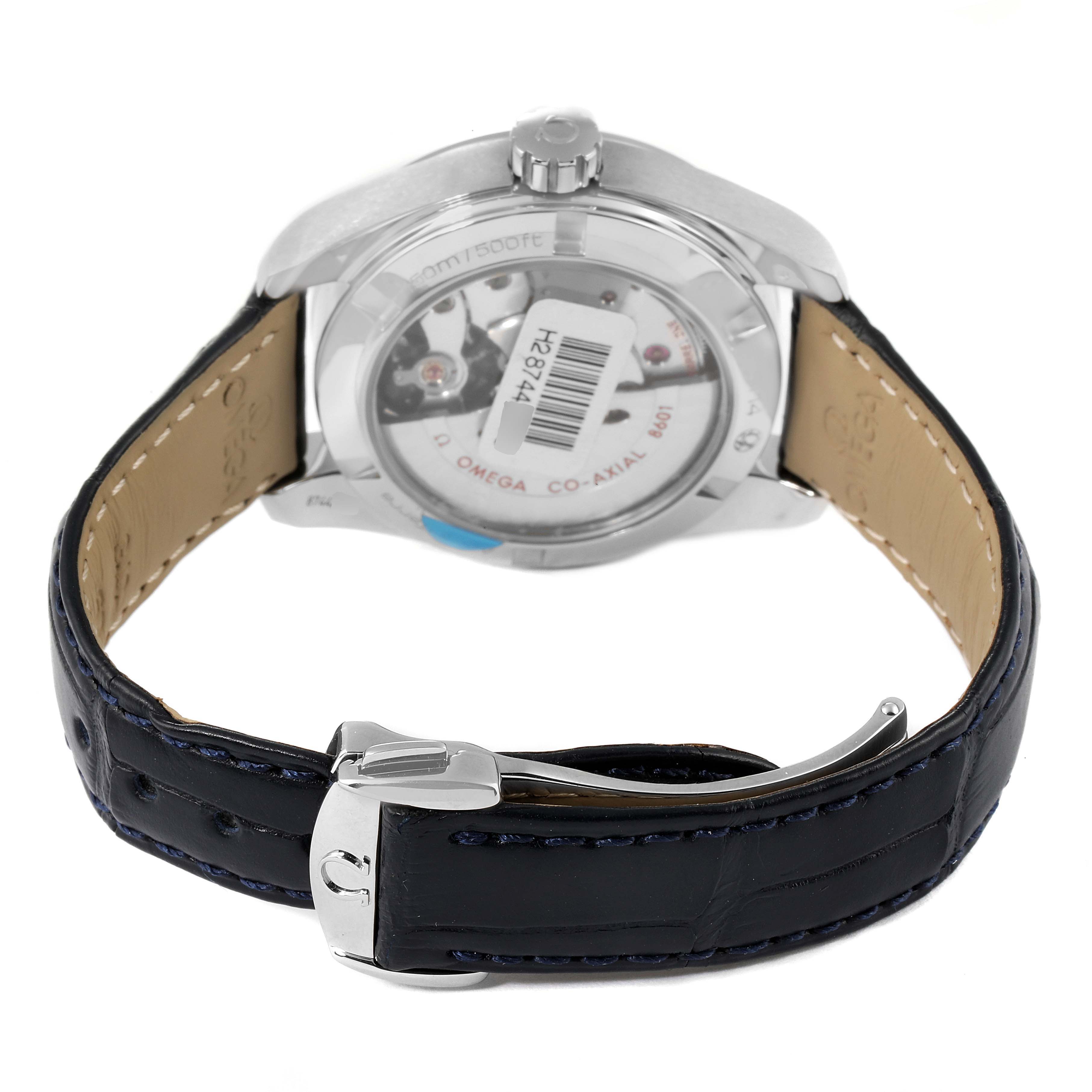 This image shows the back of the Omega Aqua Terra 231.13.39.22.03.001 Men's Stainless Steel Blue Dial 231.13.39.22.03.001 Men's Stainless Steel Blue Dial watch with a view of the case back and leather strap buckle.