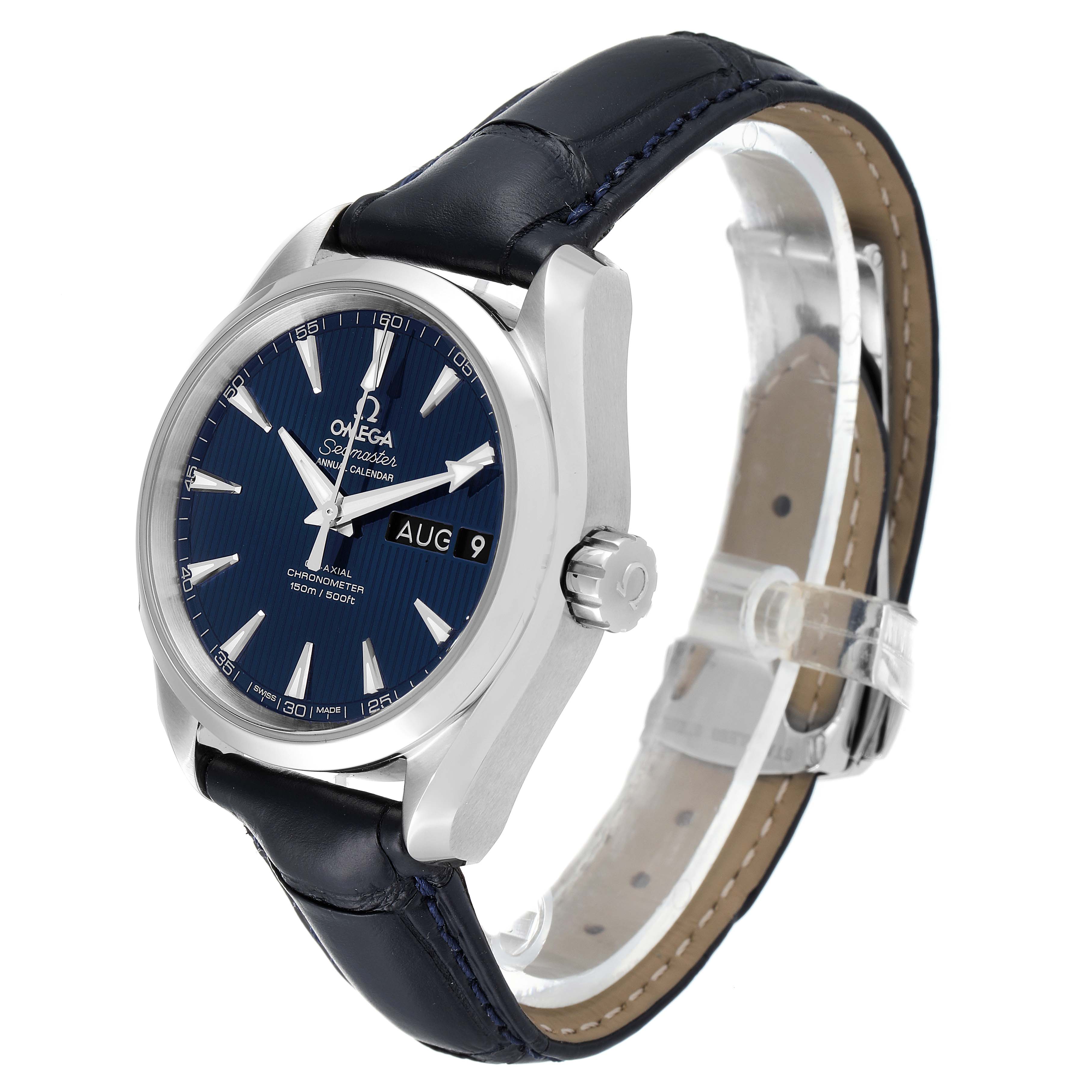 The image shows an Omega Aqua Terra 231.13.39.22.03.001 Men's Stainless Steel Blue Dial 231.13.39.22.03.001 Men's Stainless Steel Blue Dial watch from a three-quarter angle, highlighting the face, crown, and leather strap.