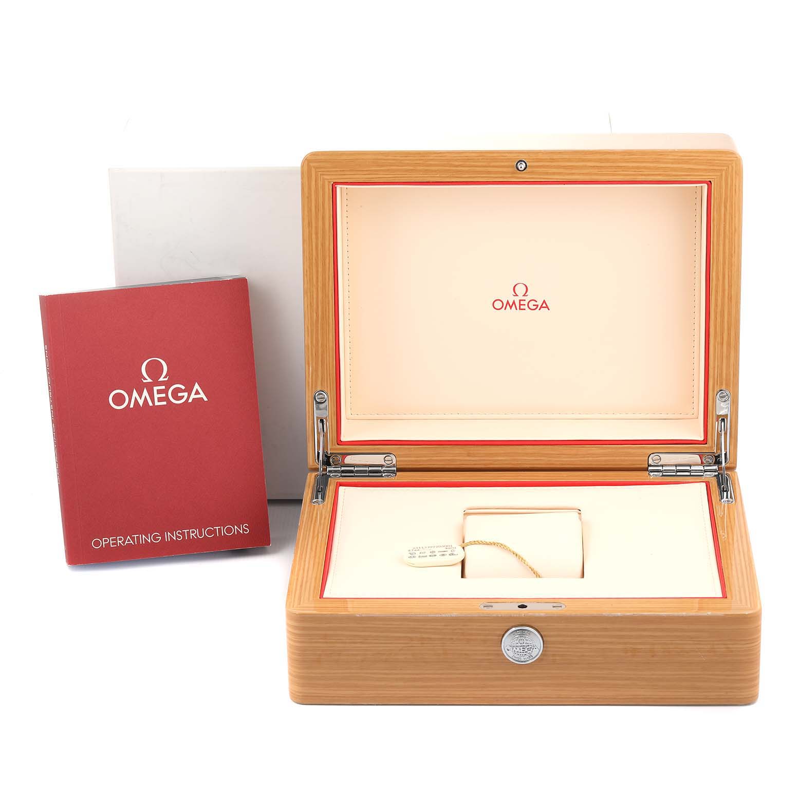 The image shows the open box and operating instructions for the Omega Aqua Terra 231.13.39.22.03.001 Men's Stainless Steel Blue Dial 231.13.39.22.03.001 Men's Stainless Steel Blue Dial watch.