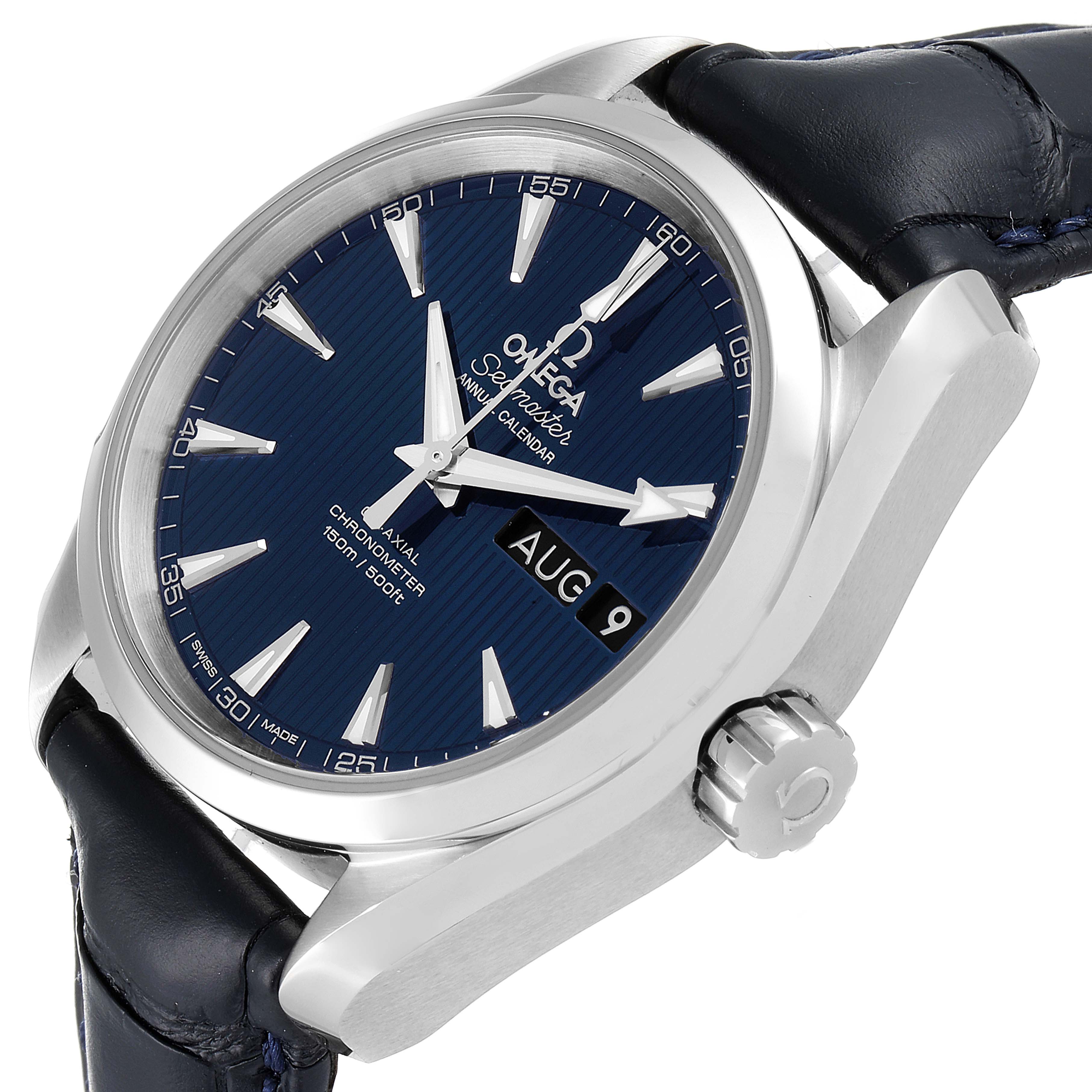 The image shows the Omega Seamaster Aqua Terra watch at an angled side view, highlighting the dial, case, bezel, and part of the strap.