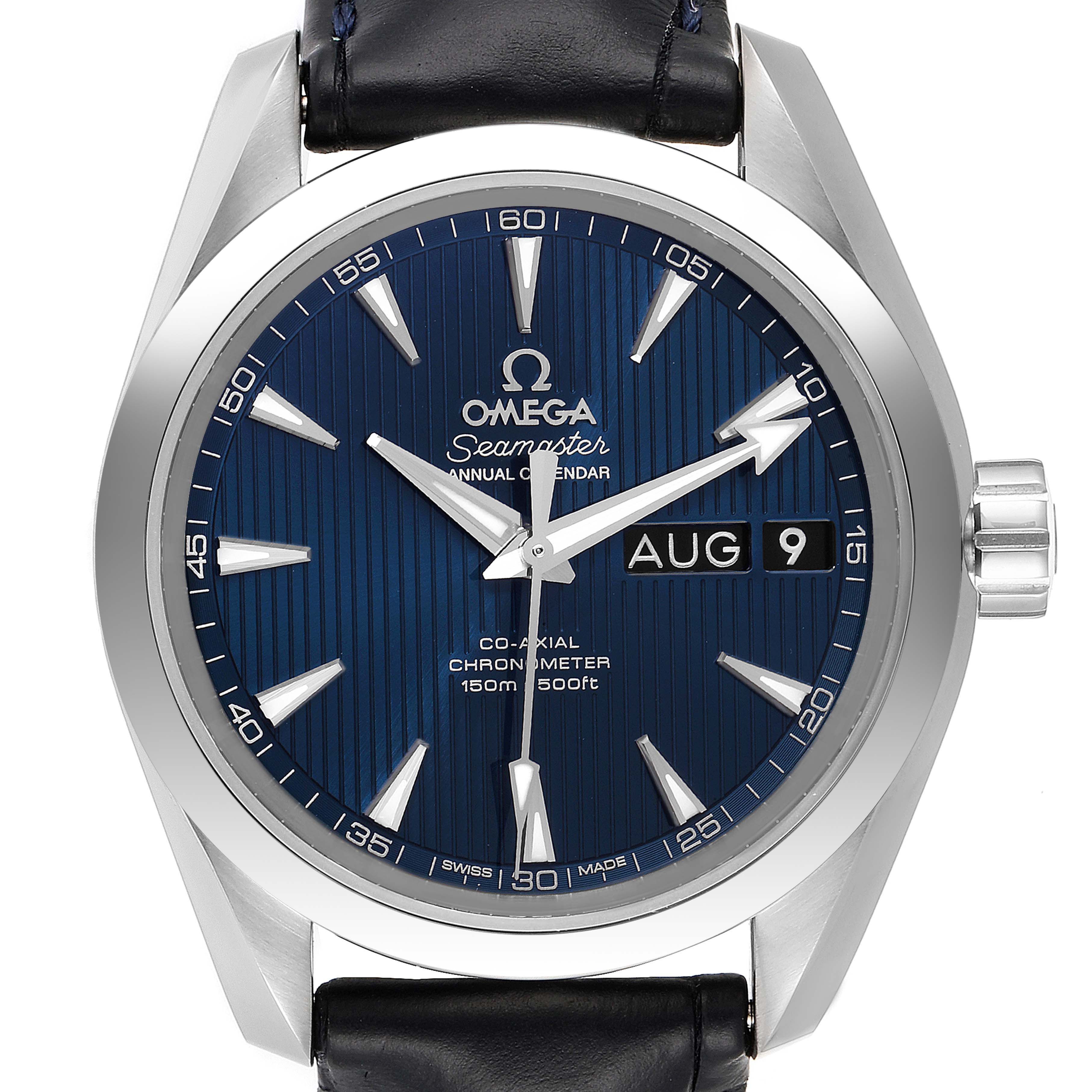 The image shows a front view of the Aqua Terra model by Omega, displaying the watch face, hands, and date window.