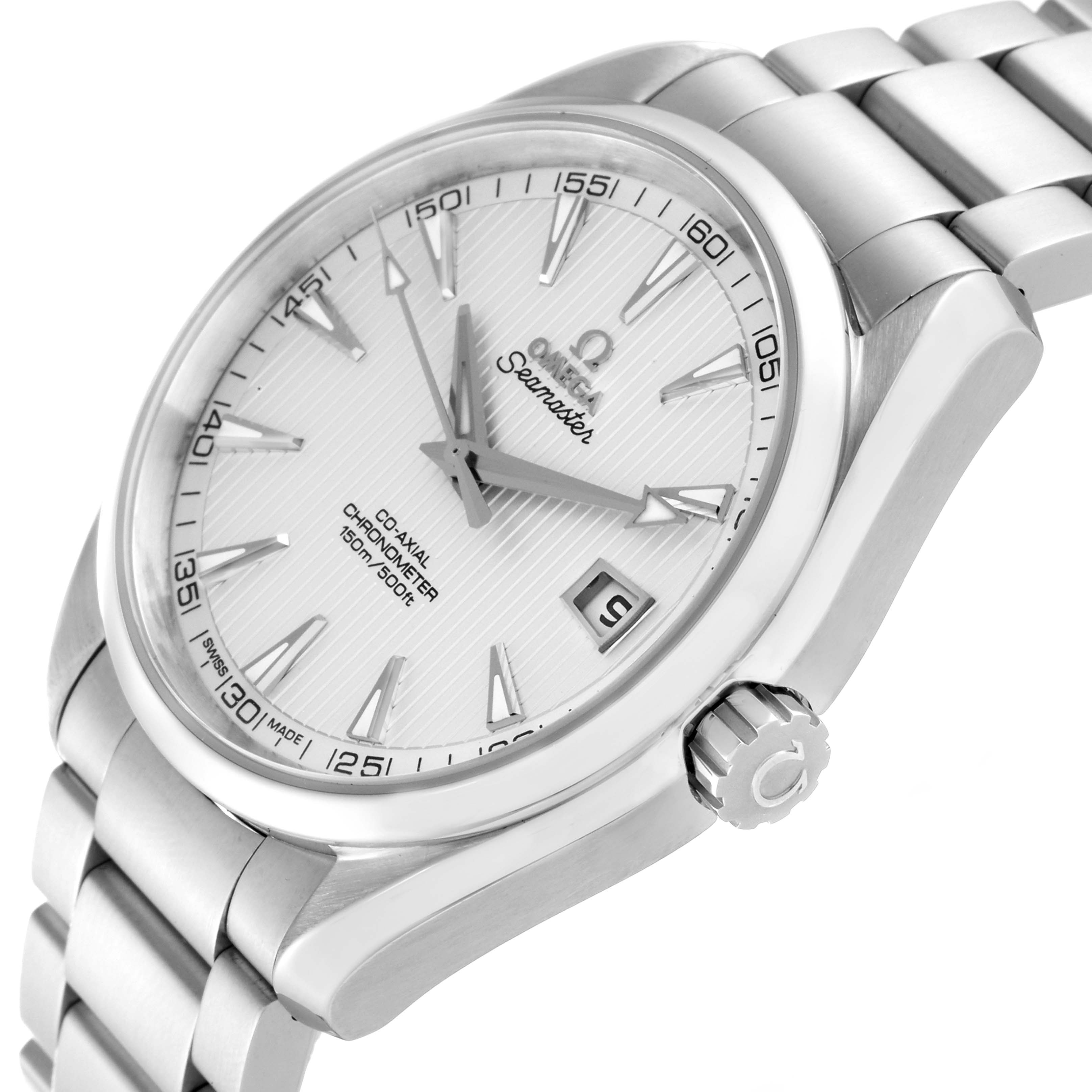 The image shows an angled view of the Omega Aqua Terra 231.10.39.21.02.001 Men's Stainless Steel Silver Dial 231.10.39.21.02.001 Men's Stainless Steel Silver Dial watch, prominently featuring its face, crown, and part of the band.