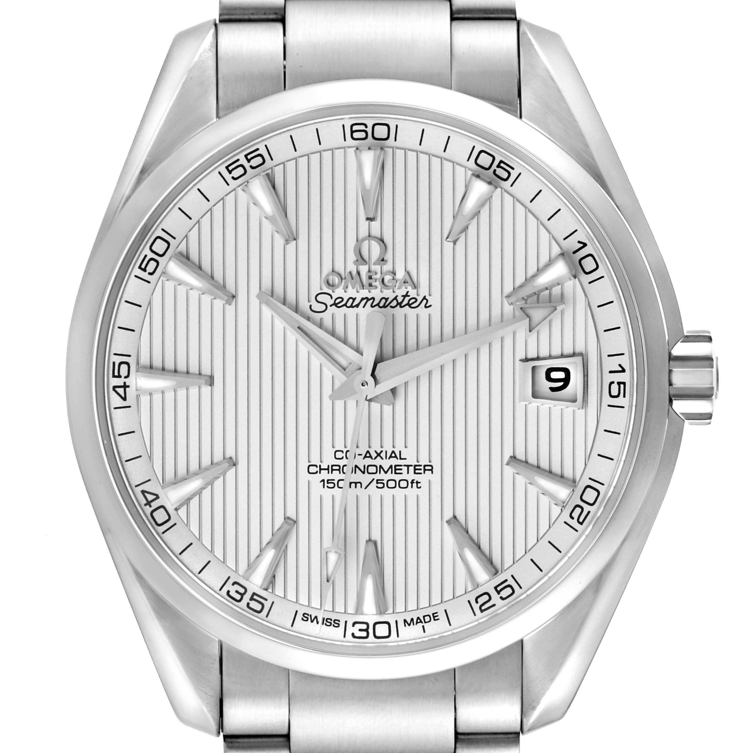 The image shows a frontal view of the Omega Seamaster Aqua Terra watch, highlighting the face, bezel, and part of the bracelet.