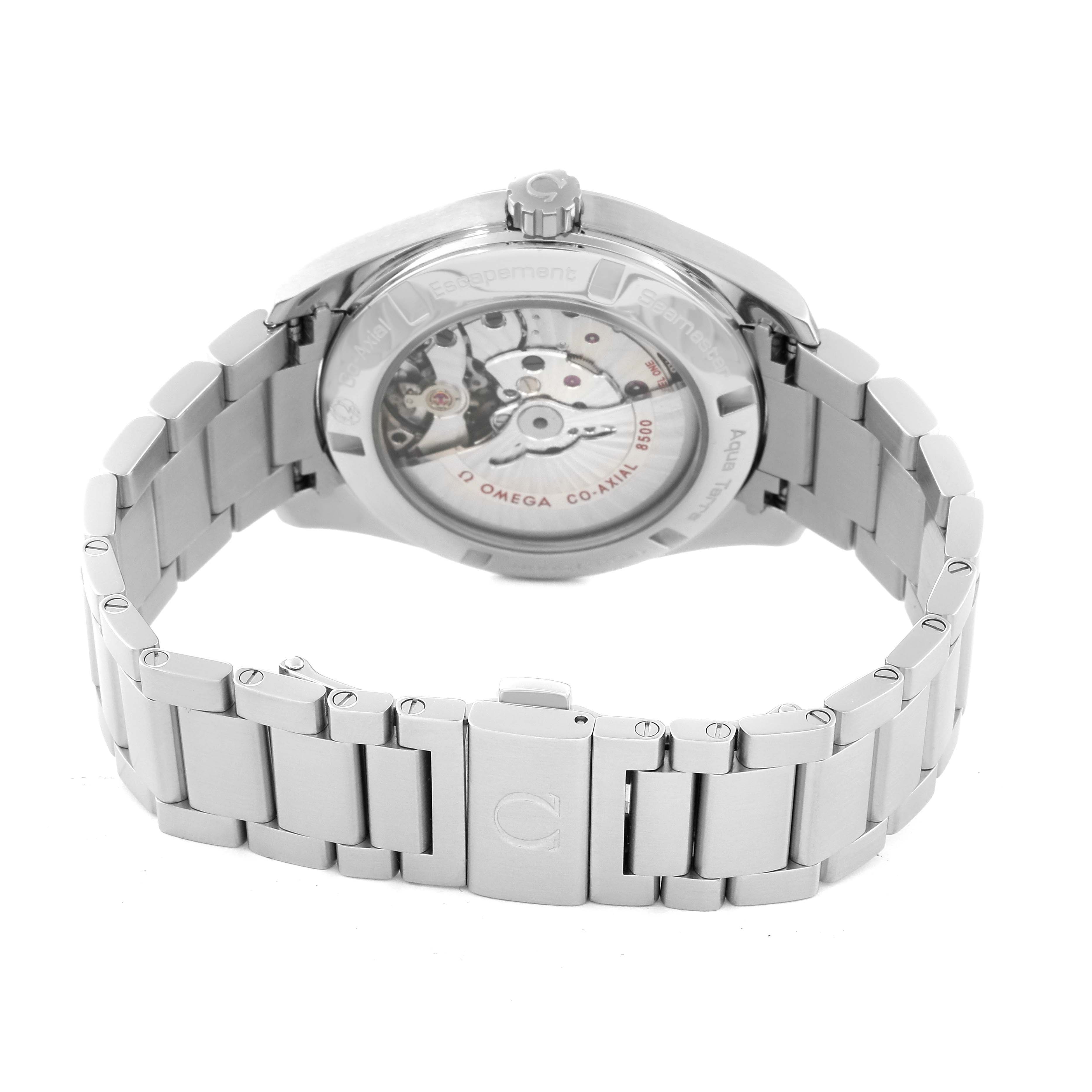 The image shows the back view of the Omega Aqua Terra 231.10.39.21.02.001 Men's Stainless Steel Silver Dial 231.10.39.21.02.001 Men's Stainless Steel Silver Dial watch, highlighting its movement and stainless steel bracelet.