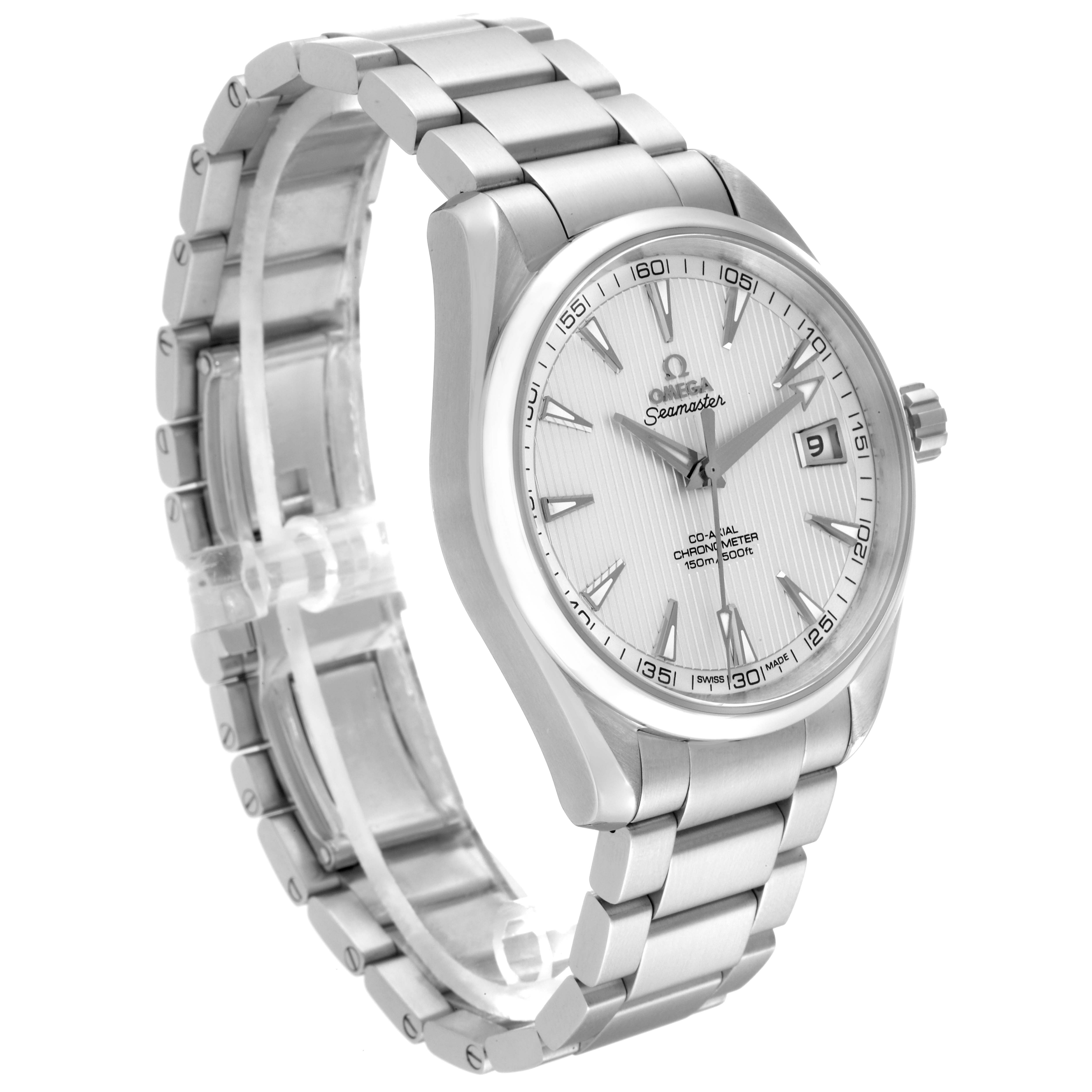 The Omega Aqua Terra 231.10.39.21.02.001 Men's Stainless Steel Silver Dial 231.10.39.21.02.001 Men's Stainless Steel Silver Dial watch is shown at a three-quarter angle, highlighting its face, bracelet, and crown.