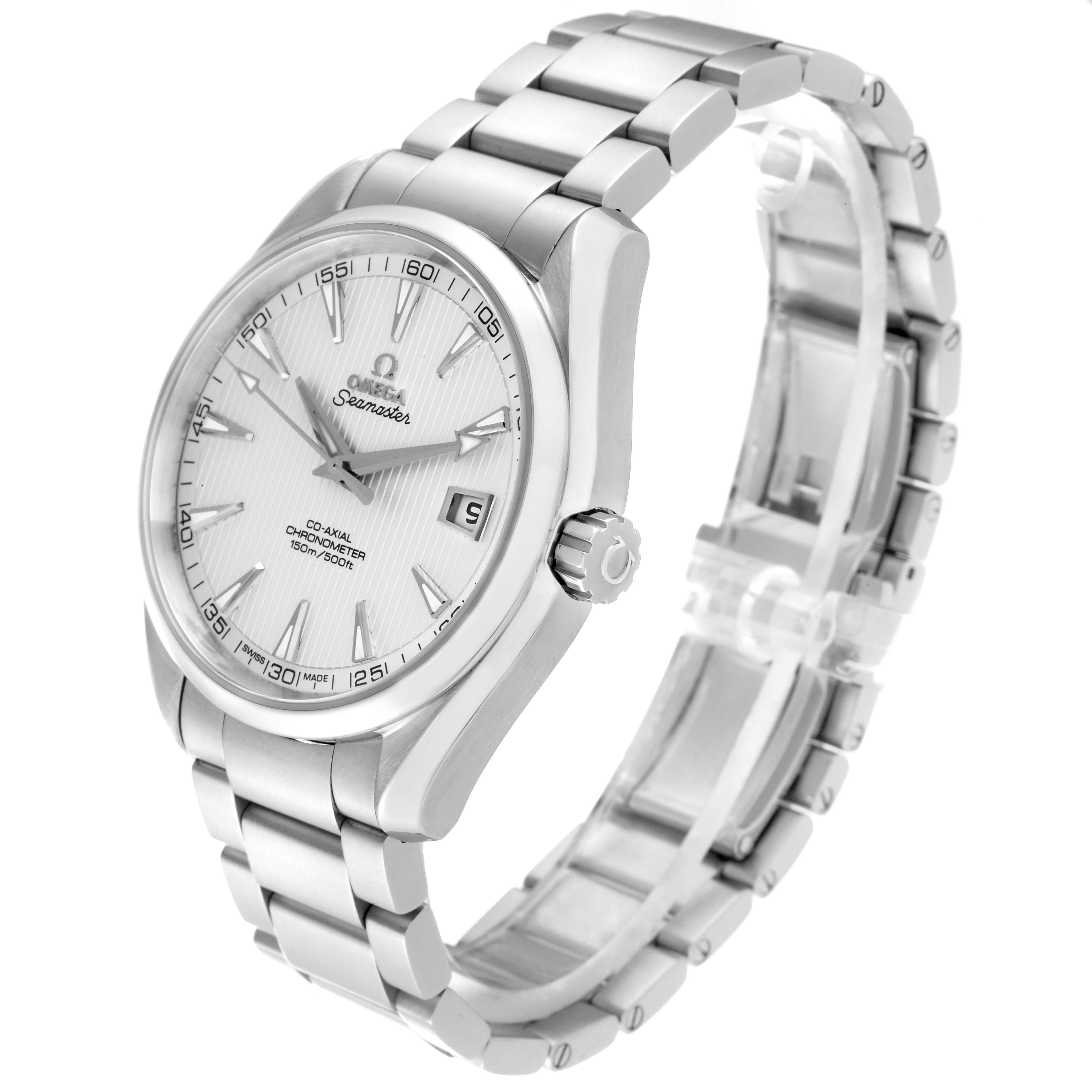 The Omega Aqua Terra 231.10.39.21.02.001 Men's Stainless Steel Silver Dial 231.10.39.21.02.001 Men's Stainless Steel Silver Dial watch is shown at a three-quarter angle, highlighting its bracelet, dial, and crown.