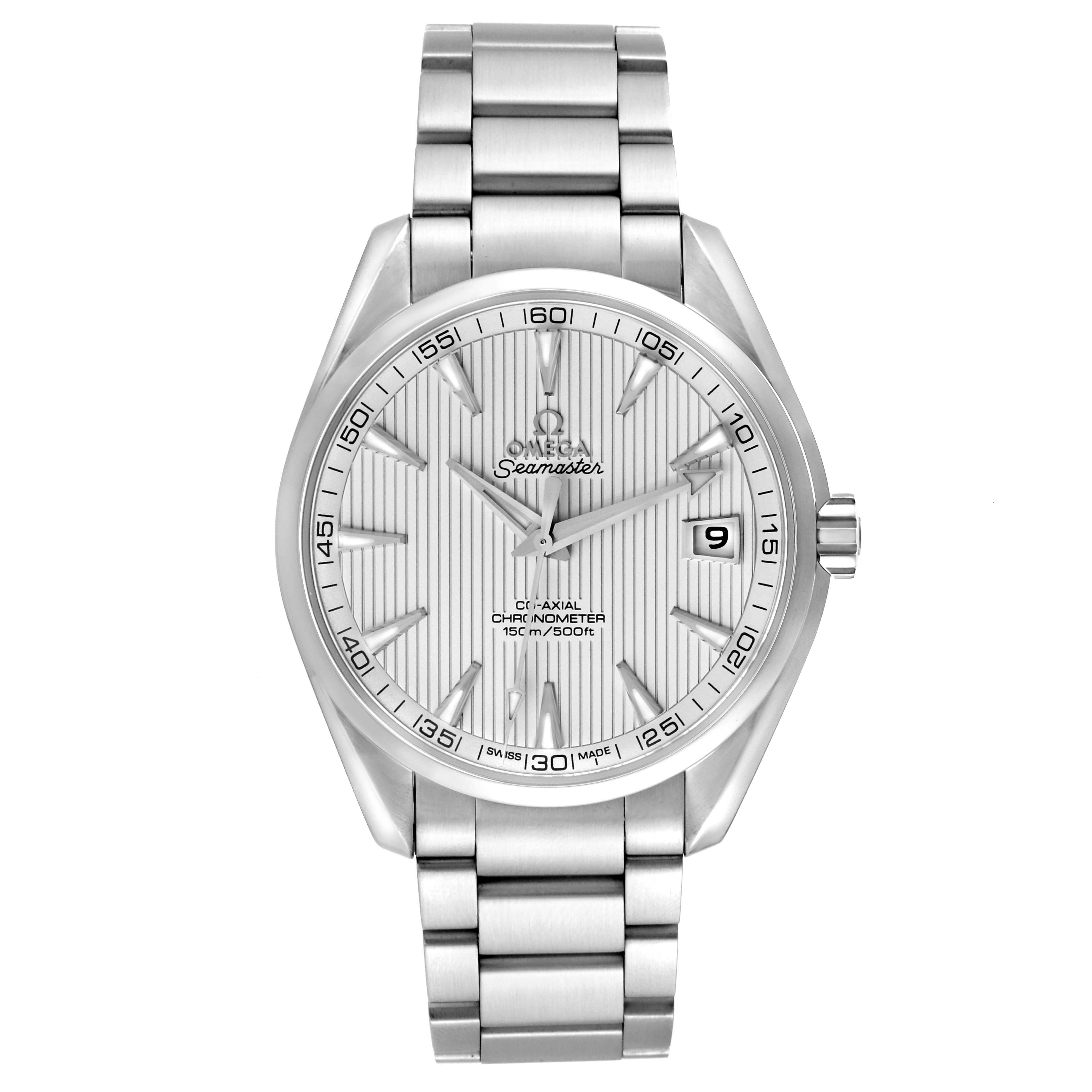 The image shows a front view of the Omega Seamaster Aqua Terra watch, highlighting its face, bezel, and stainless steel bracelet.