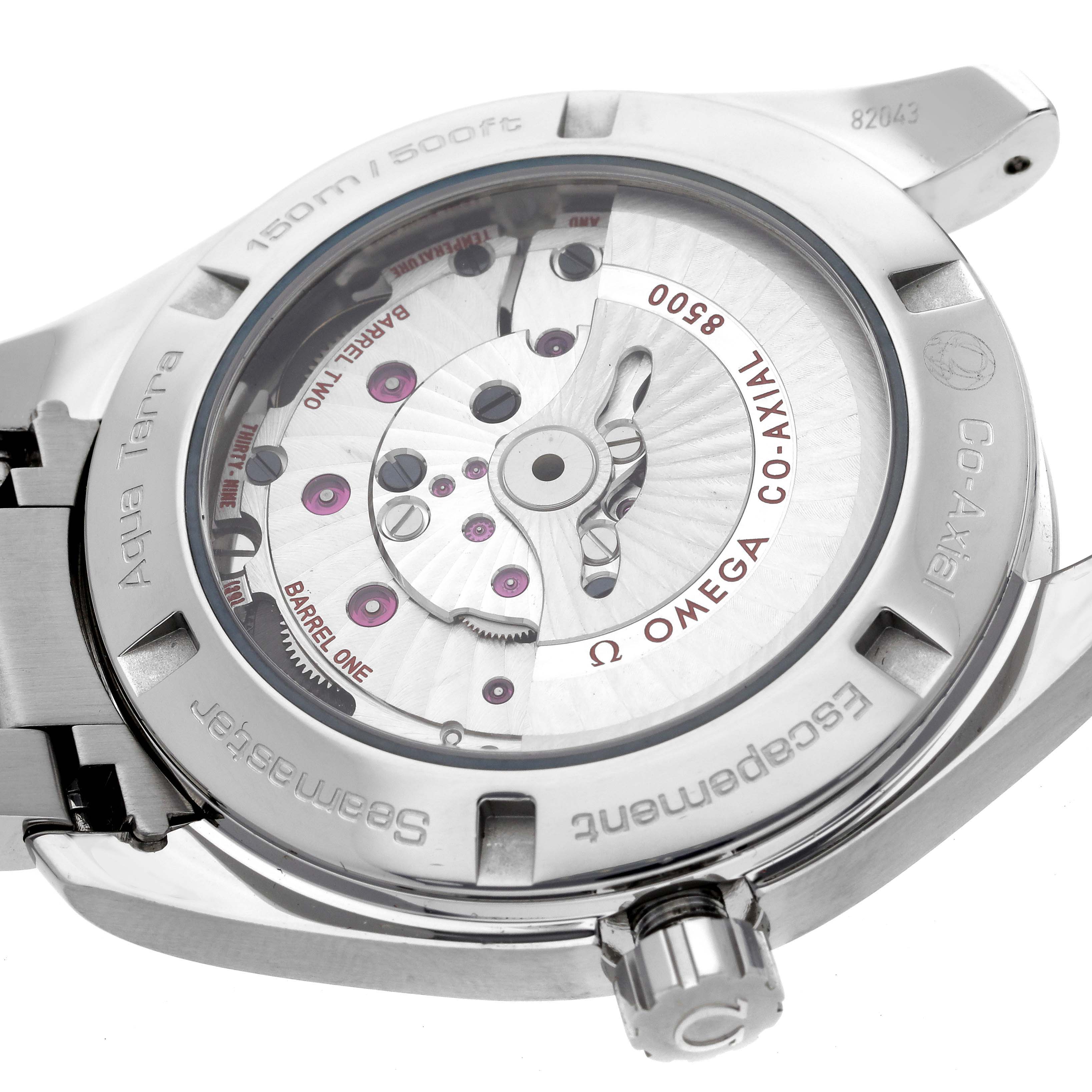 The image shows the movement and backside case of the Omega Aqua Terra 231.10.39.21.02.001 Men's Stainless Steel Silver Dial 231.10.39.21.02.001 Men's Stainless Steel Silver Dial watch with Co-Axial mechanism.