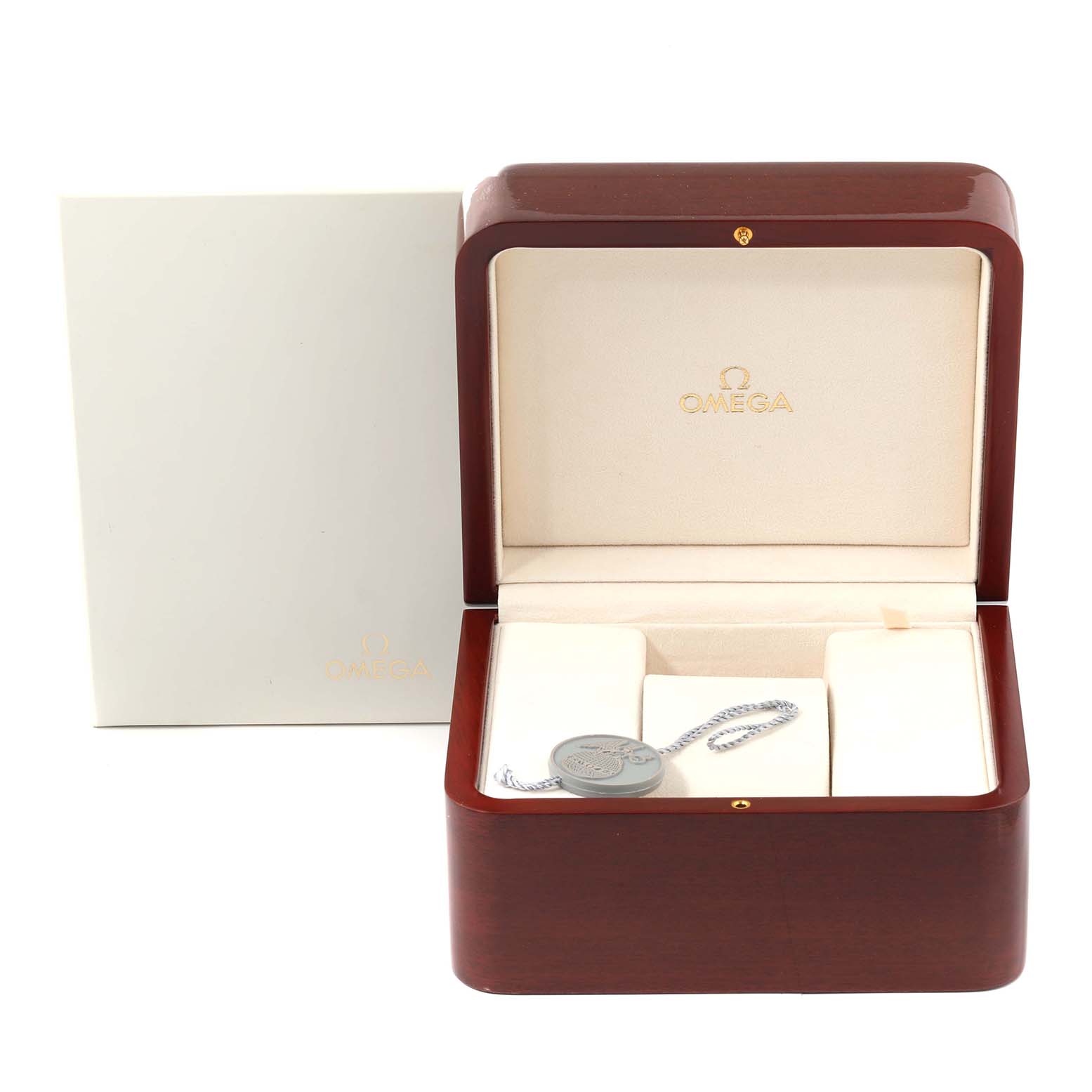 The image shows an open Omega Aqua Terra 231.10.39.21.02.001 Men's Stainless Steel Silver Dial 231.10.39.21.02.001 Men's Stainless Steel Silver Dial watch box and its exterior box, displaying its interior cushioning and a tag.