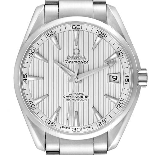 The image shows a frontal view of the Omega Aqua Terra model from the Seamaster series, displaying its dial, hands, and bracelet.