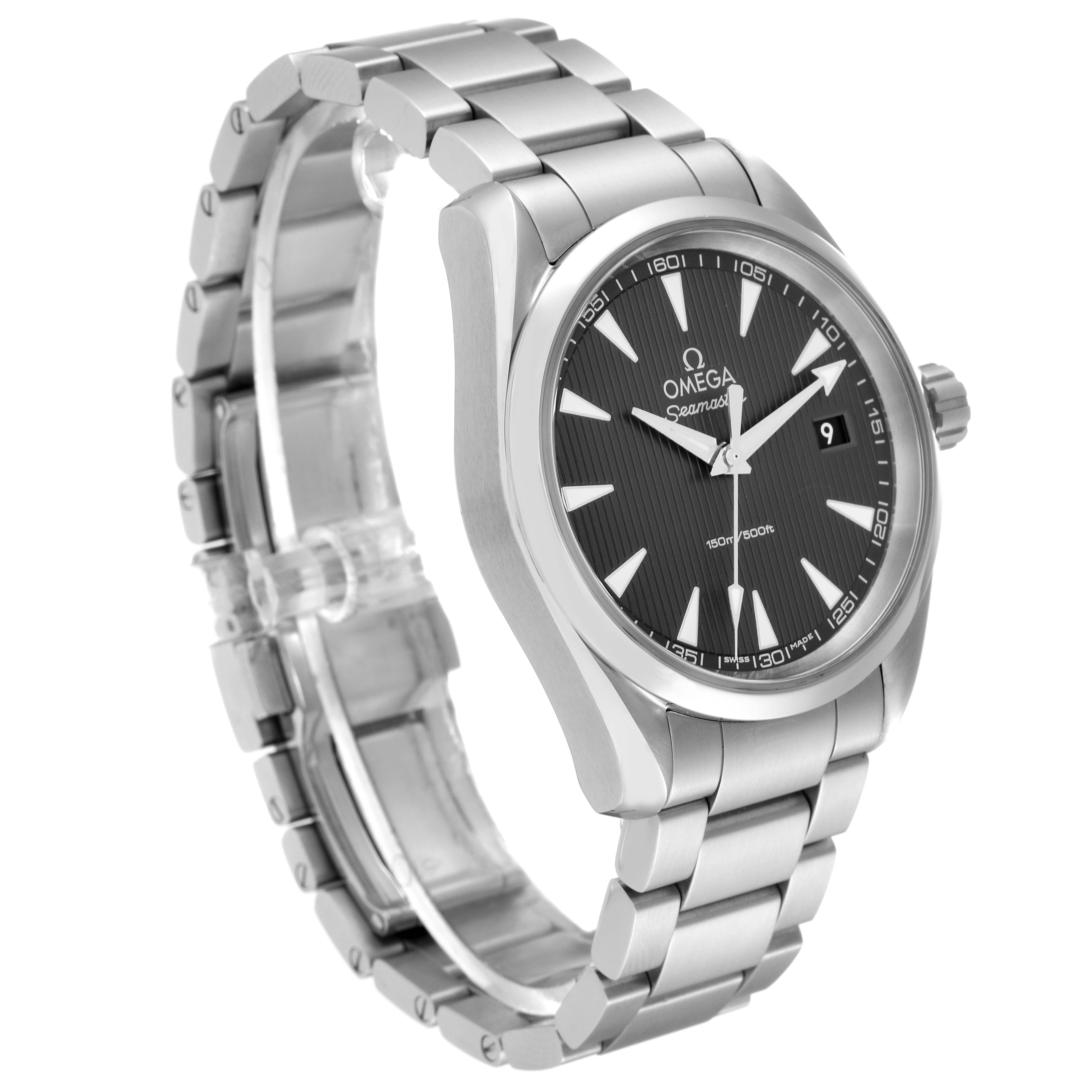 The image shows an Omega Aqua Terra 231.10.39.60.06.001 Men
s Stainless Steel Grey Dial 231.10.39.60.06.001 Men
s Stainless Steel Grey Dial watch from an angled side view, highlighting the face, crown, and metal bracelet.