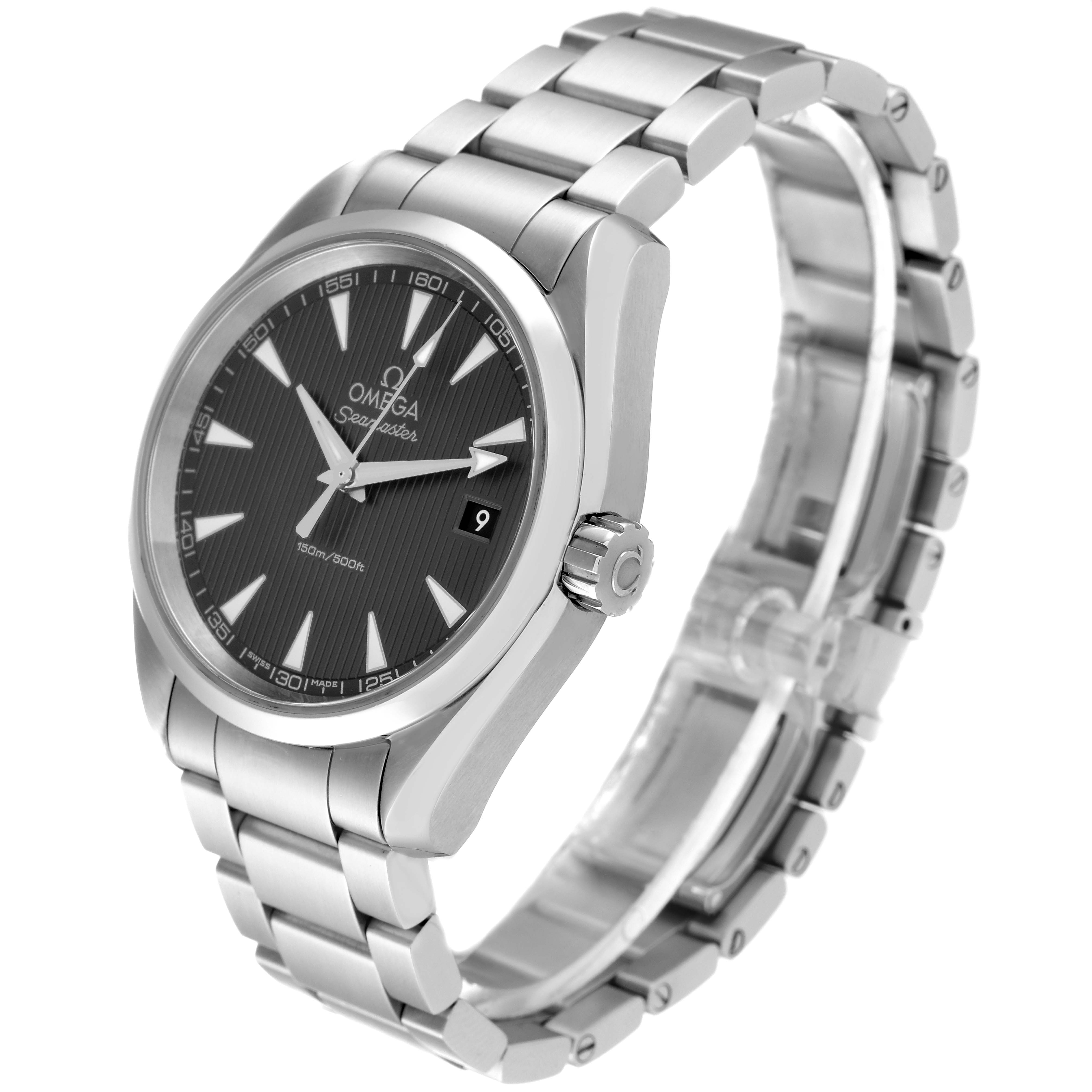 The image shows an Omega Aqua Terra 231.10.39.60.06.001 Men
s Stainless Steel Grey Dial 231.10.39.60.06.001 Men
s Stainless Steel Grey Dial watch angled slightly from the front, highlighting the dial, bezel, crown, and bracelet.