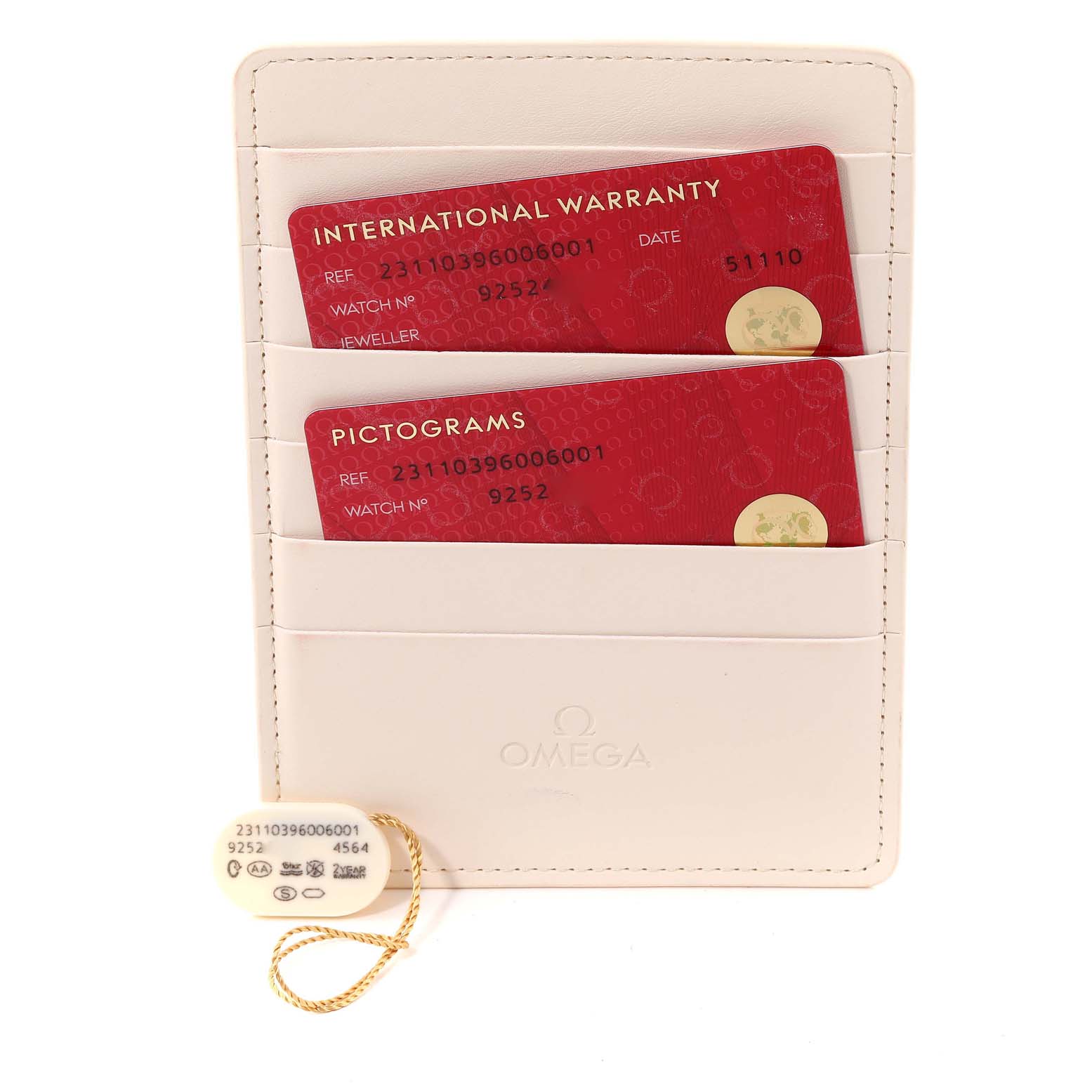 The image shows the warranty cards and tag for the Omega Aqua Terra 231.10.39.60.06.001 Men
s Stainless Steel Grey Dial 231.10.39.60.06.001 Men
s Stainless Steel Grey Dial model watch, displayed in a leather holder.