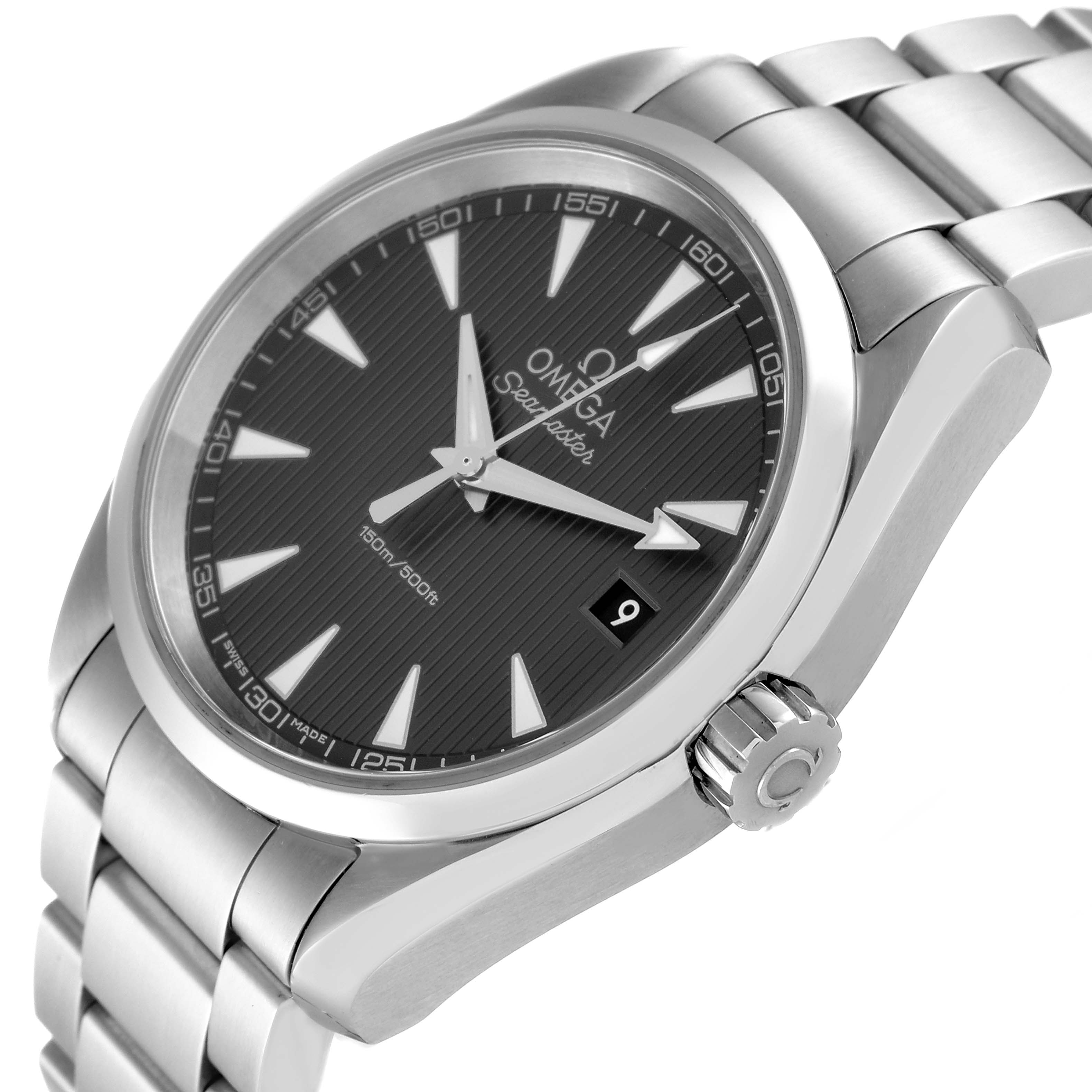 The image shows a close-up view of the Omega Aqua Terra 231.10.39.60.06.001 Men
s Stainless Steel Grey Dial 231.10.39.60.06.001 Men
s Stainless Steel Grey Dial watch face and part of the bracelet at an angled perspective.