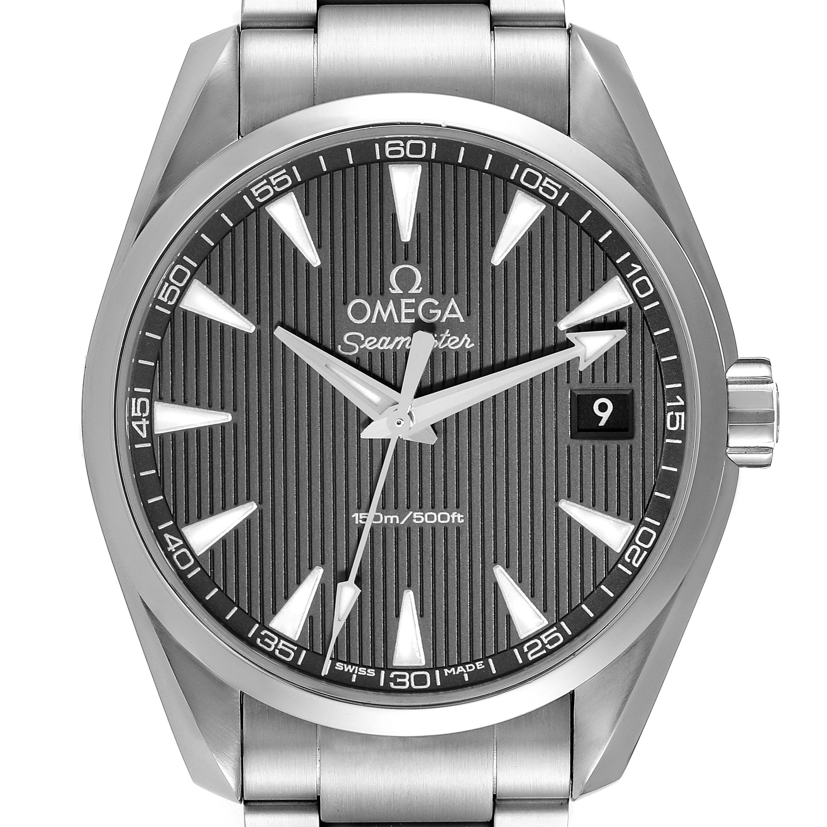 The image shows a front view of an Omega Seamaster Aqua Terra watch, highlighting the dial, hands, crown, and bracelet.