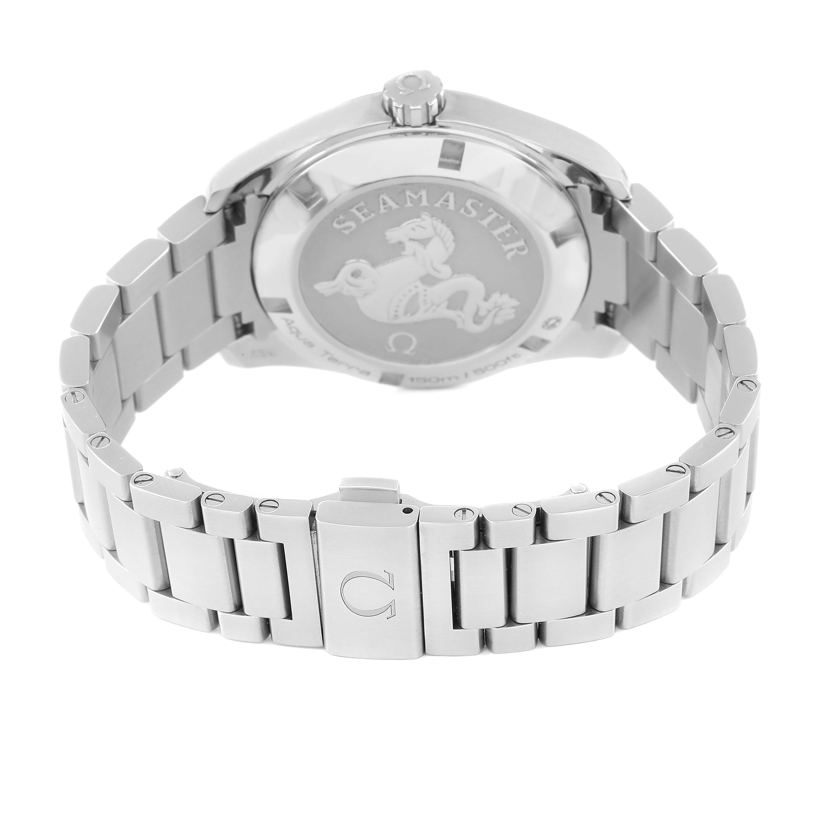 This image shows the back case and metal bracelet of the Omega Aqua Terra 231.10.39.60.06.001 Men
s Stainless Steel Grey Dial 231.10.39.60.06.001 Men
s Stainless Steel Grey Dial watch, featuring the Seamaster emblem and clasp.