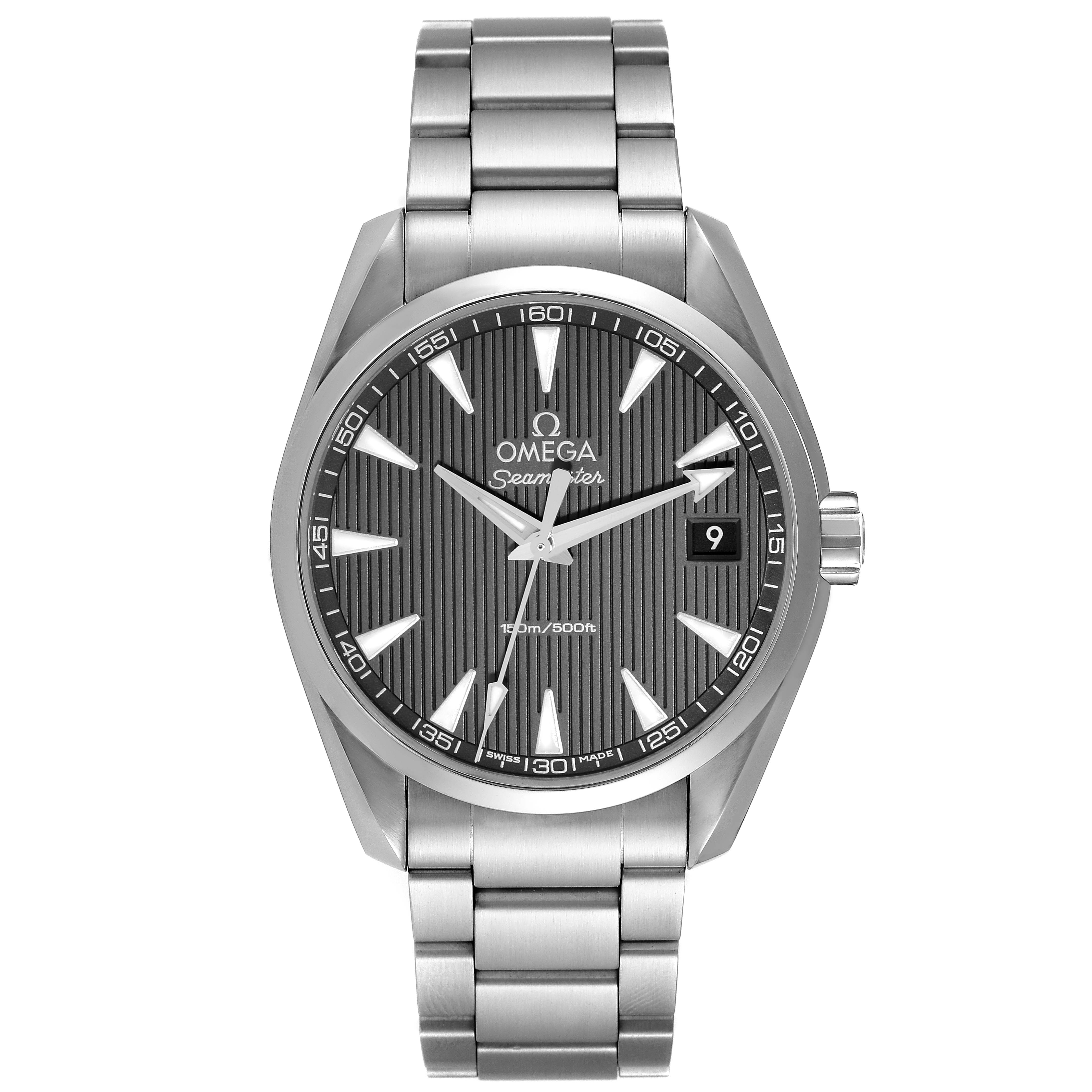 The image shows a front view of the Omega Aqua Terra 231.10.39.60.06.001 Men
s Stainless Steel Grey Dial 231.10.39.60.06.001 Men
s Stainless Steel Grey Dial watch model, highlighting the face, bracelet, and crown.