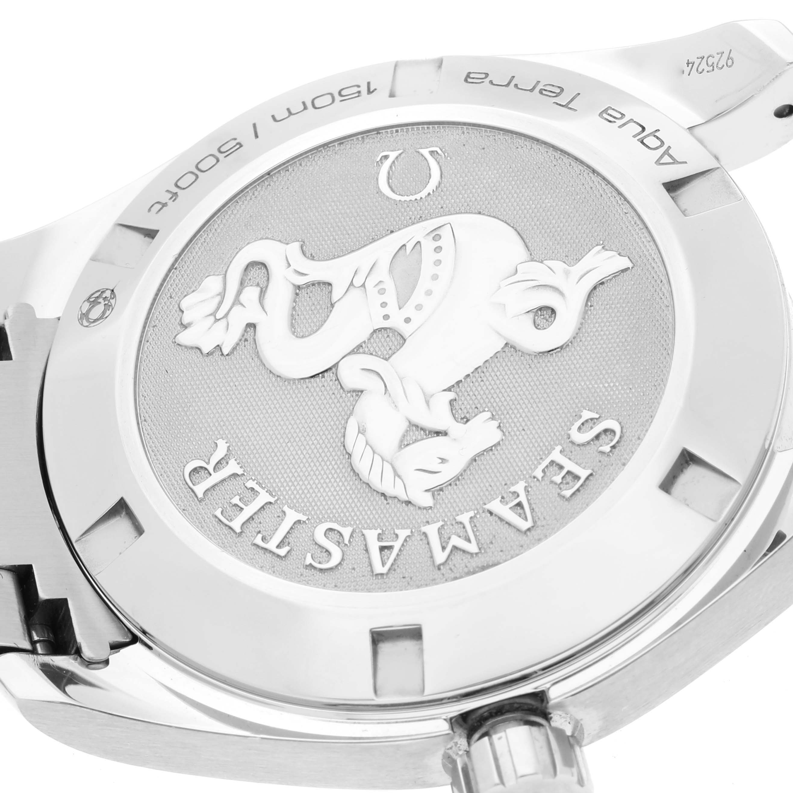 The image shows the case back of the Omega Aqua Terra 231.10.39.60.06.001 Men
s Stainless Steel Grey Dial 231.10.39.60.06.001 Men
s Stainless Steel Grey Dial watch, highlighting the Seamaster emblem and model details.