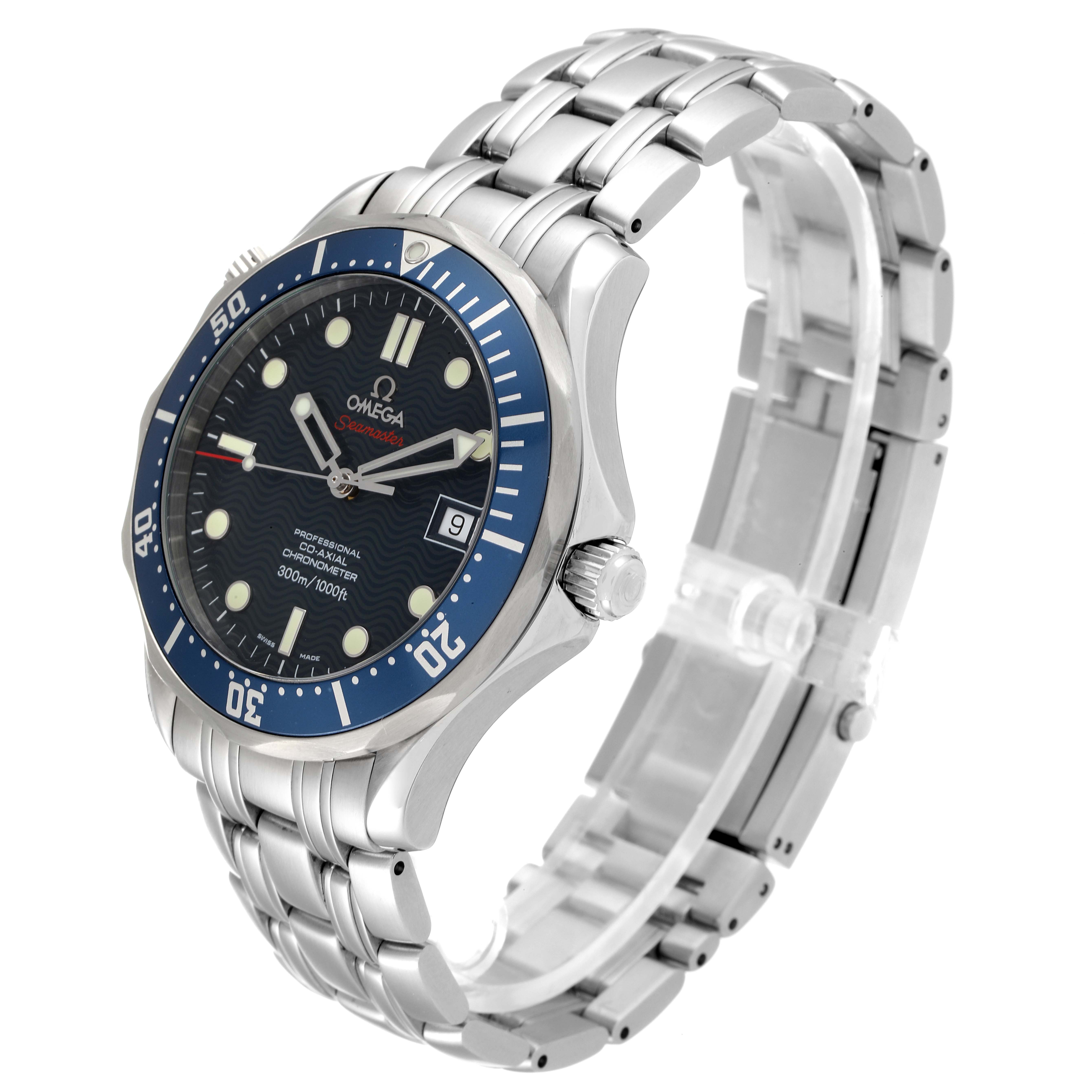 The Omega Seamaster 2220.80.00 Men's Stainless Steel Blue Dial 2220.80.00 Men's Stainless Steel Blue Dial watch is shown at an angle, featuring its bracelet, dial, bezel, and crown.