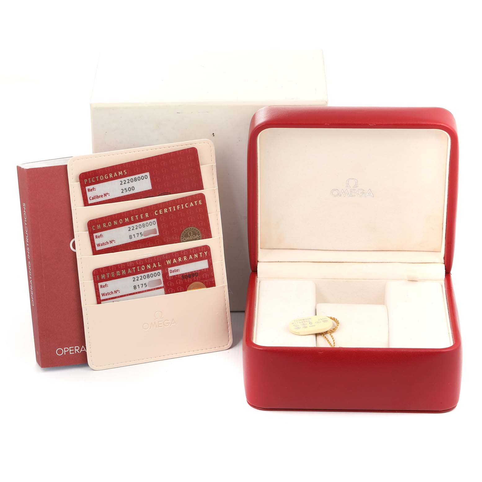 The image shows an Omega Seamaster 2220.80.00 Men's Stainless Steel Blue Dial 2220.80.00 Men's Stainless Steel Blue Dial watch box, warranty cards, and a red Omega case.