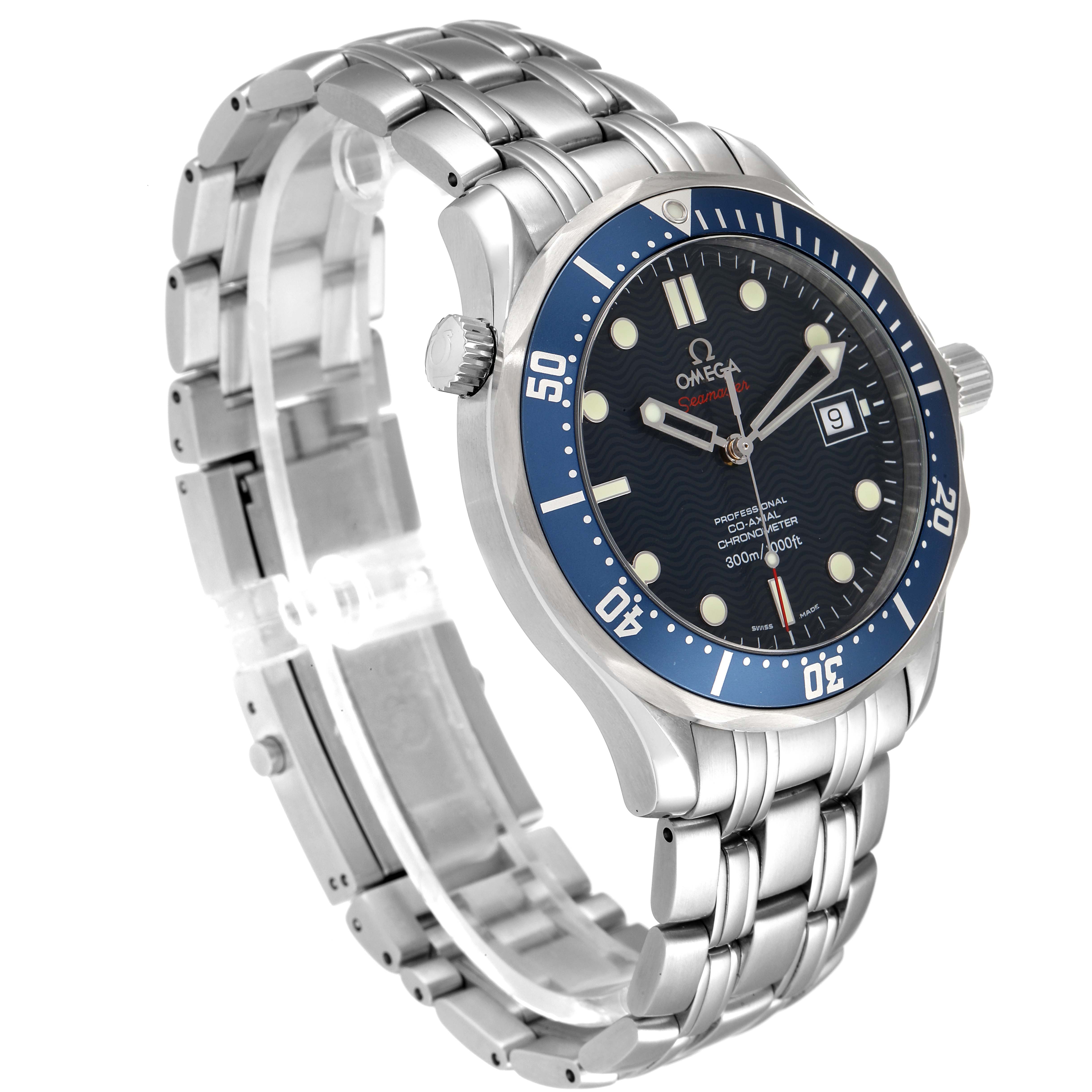 The Omega Seamaster 2220.80.00 Men's Stainless Steel Blue Dial 2220.80.00 Men's Stainless Steel Blue Dial watch is shown at a three-quarter angle, highlighting its blue bezel, dial, and stainless steel bracelet.