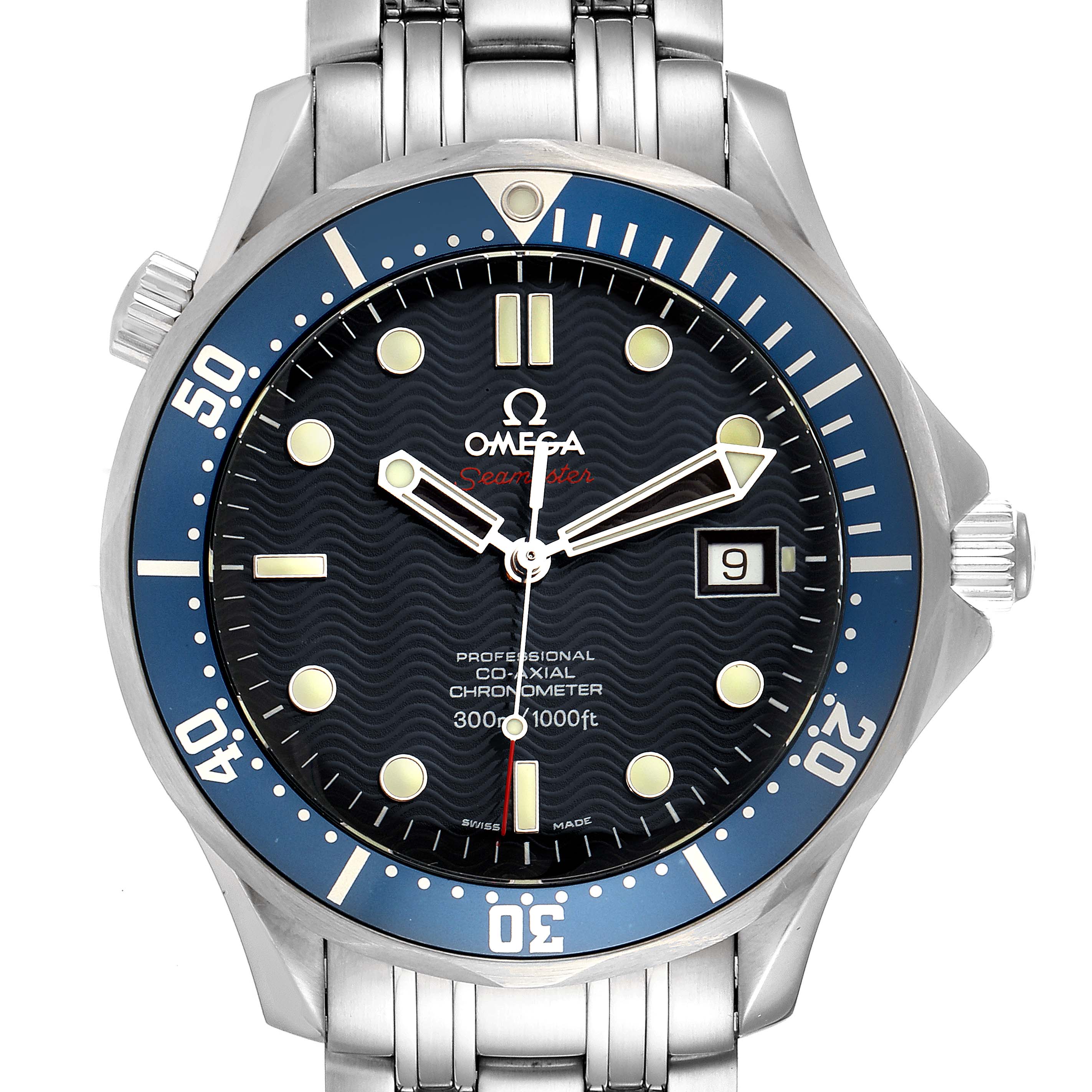 The Omega Seamaster 2220.80.00 Men's Stainless Steel Blue Dial 2220.80.00 Men's Stainless Steel Blue Dial watch is shown from a front angle, displaying the full dial, bezel, bracelet, and crown.