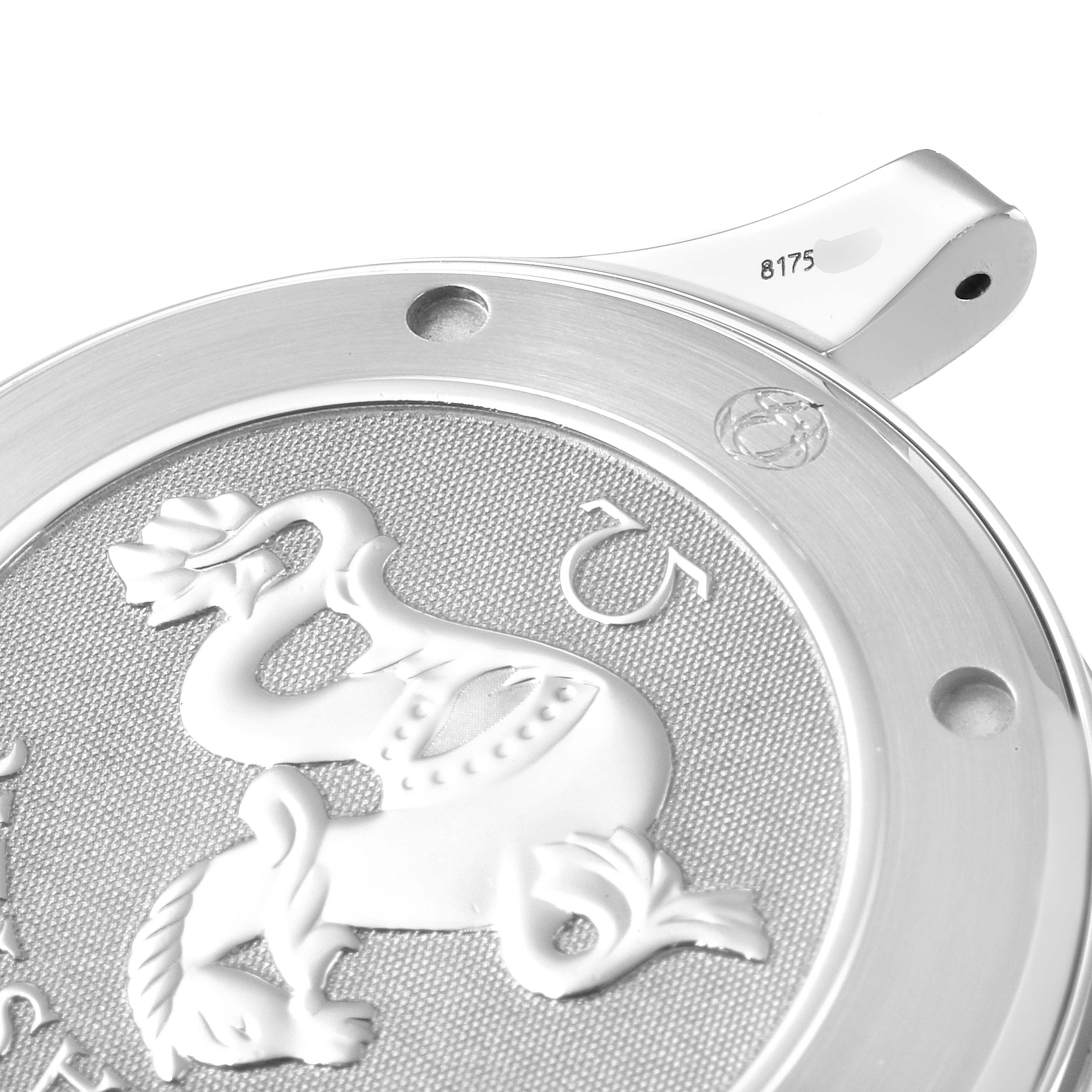 This image shows a close-up of the case back of an Omega Seamaster 2220.80.00 Men's Stainless Steel Blue Dial 2220.80.00 Men's Stainless Steel Blue Dial watch, featuring the engraved seahorse logo.