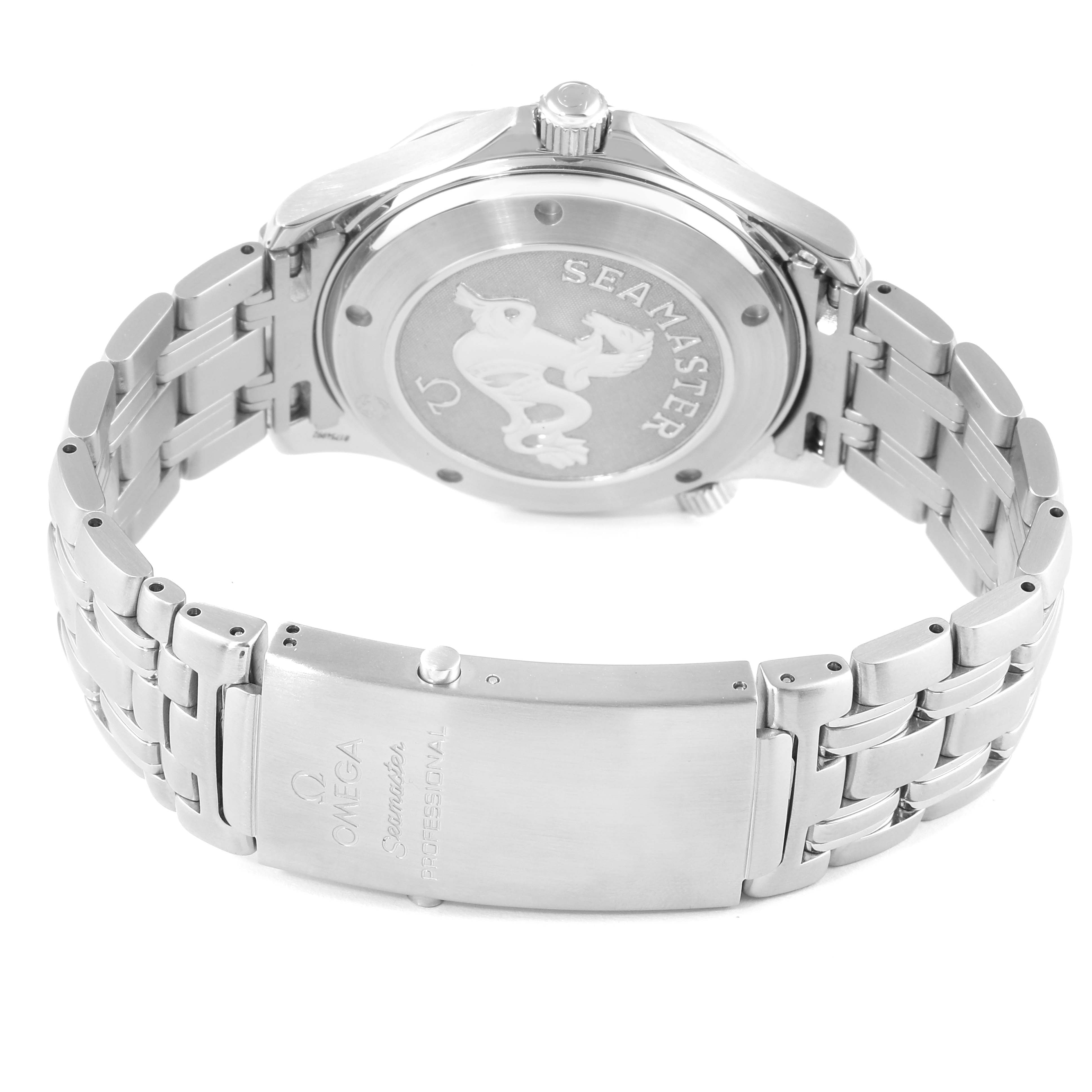 The image shows the back view of an Omega Seamaster 2220.80.00 Men's Stainless Steel Blue Dial 2220.80.00 Men's Stainless Steel Blue Dial watch, highlighting its case back, bracelet, and clasp.