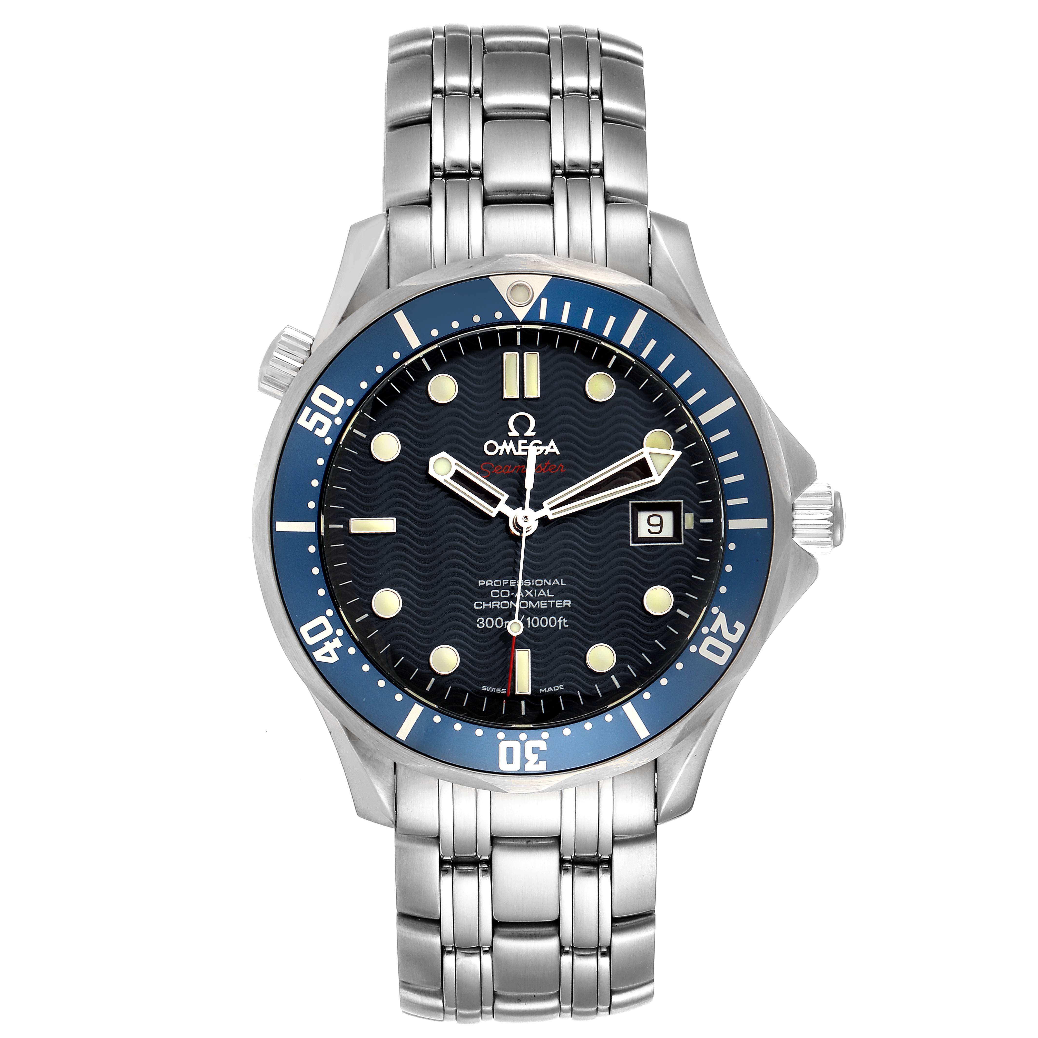The image shows a front view of the Omega Seamaster 2220.80.00 Men's Stainless Steel Blue Dial 2220.80.00 Men's Stainless Steel Blue Dial watch, displaying its face, bezel, and metal bracelet.