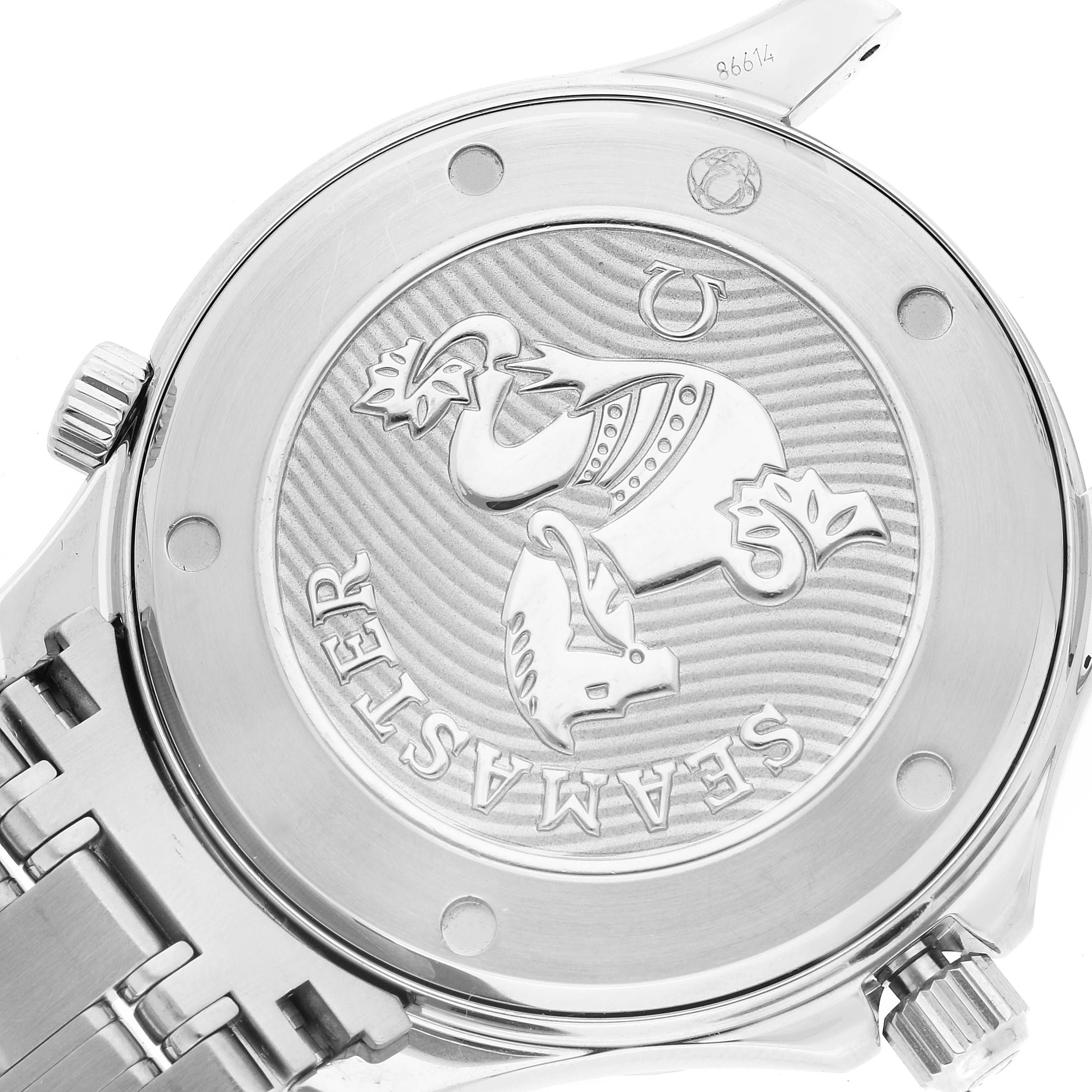 The image shows the back case and part of the bracelet of an Omega Seamaster 212.30.41.20.03.001 Men's Stainless Steel Blue Dial 212.30.41.20.03.001 Men's Stainless Steel Blue Dial watch.