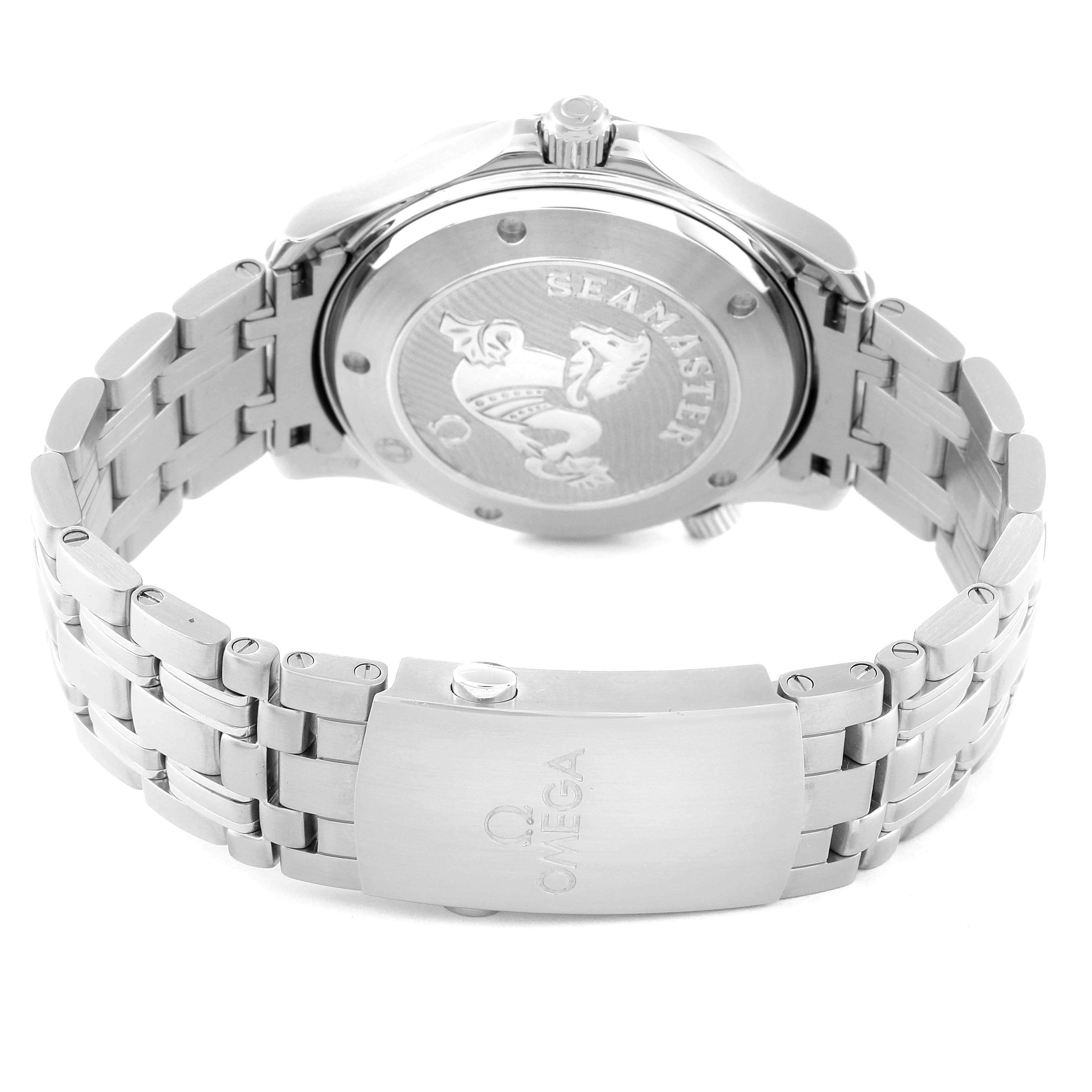 The image shows the back case and clasp of an Omega Seamaster 212.30.41.20.03.001 Men's Stainless Steel Blue Dial 212.30.41.20.03.001 Men's Stainless Steel Blue Dial watch from a slightly elevated angle.