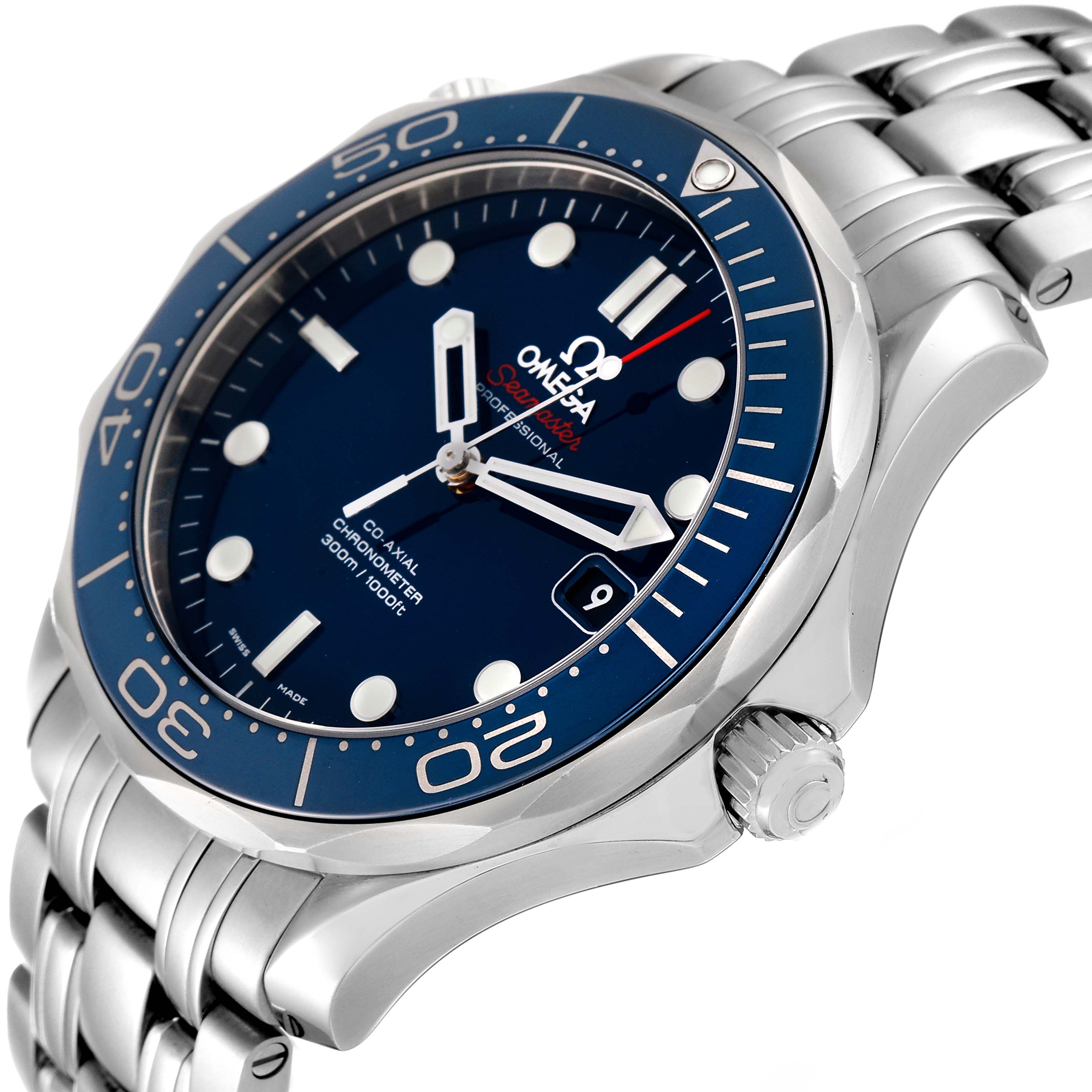 This image shows an angled view of the Omega Seamaster 212.30.41.20.03.001 Men's Stainless Steel Blue Dial 212.30.41.20.03.001 Men's Stainless Steel Blue Dial watch, highlighting its face, bezel, bracelet, and crown.