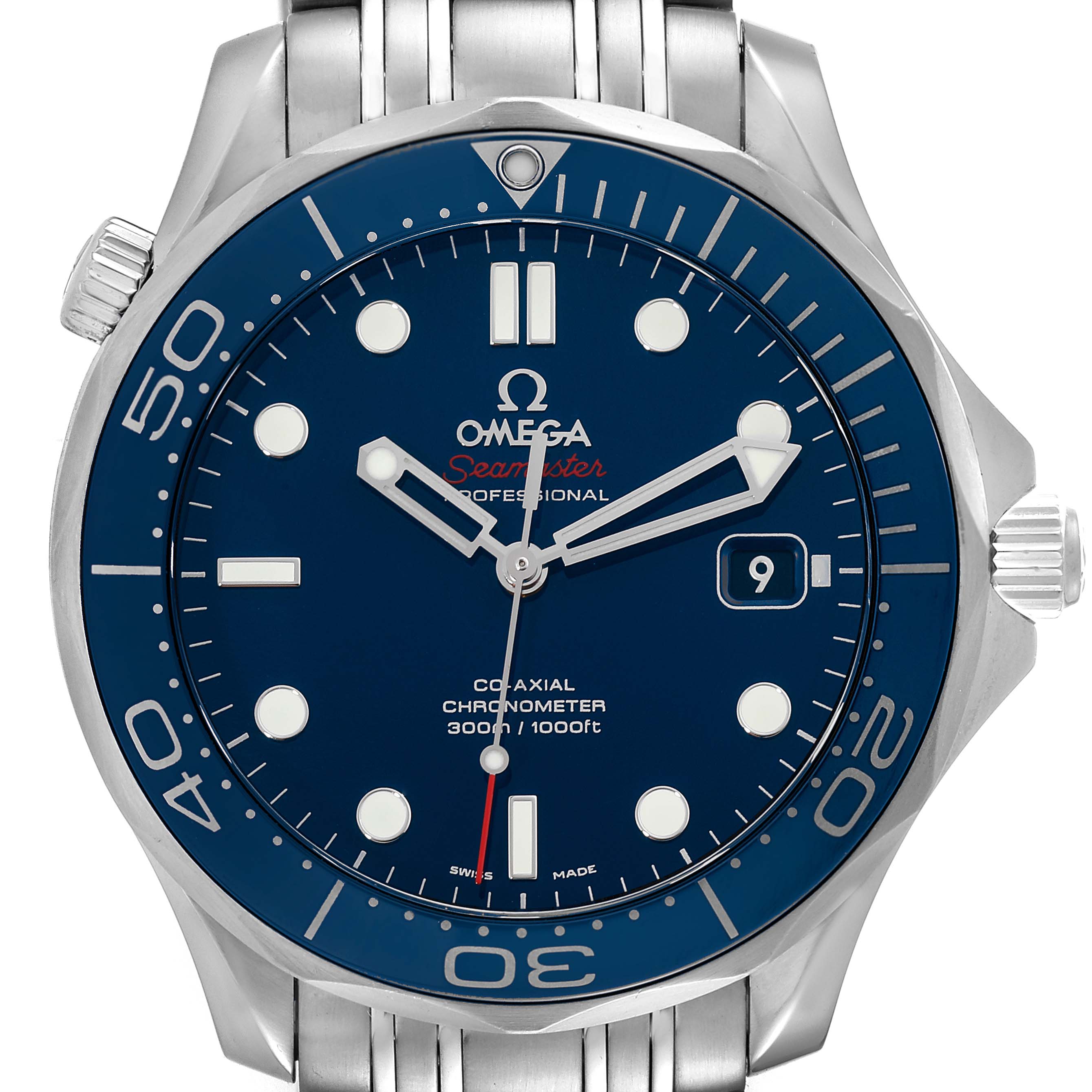 The image shows a front view of the Omega Seamaster 212.30.41.20.03.001 Men's Stainless Steel Blue Dial 212.30.41.20.03.001 Men's Stainless Steel Blue Dial Professional watch, displaying its dial, bezel, and bracelet.